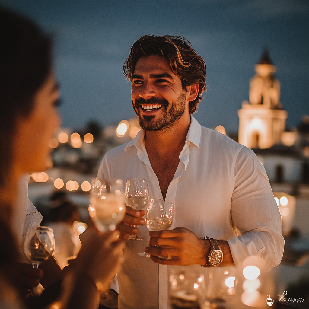 Man in a white shirt smiling and holding a wine glass, surrounded by friends at an evening gathering with city lights in the background.