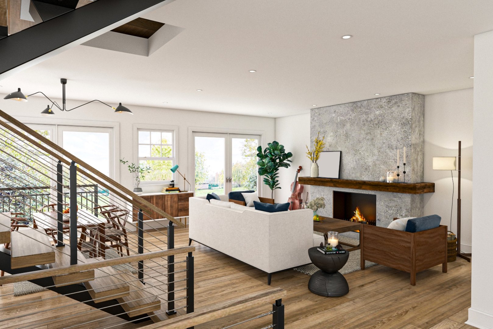 Spacious living room featuring a minimalist fireplace, sleek furniture, and warm lighting. Accented with wood flooring, large windows, and a collaborative dining area for a relaxing and inviting ambiance.