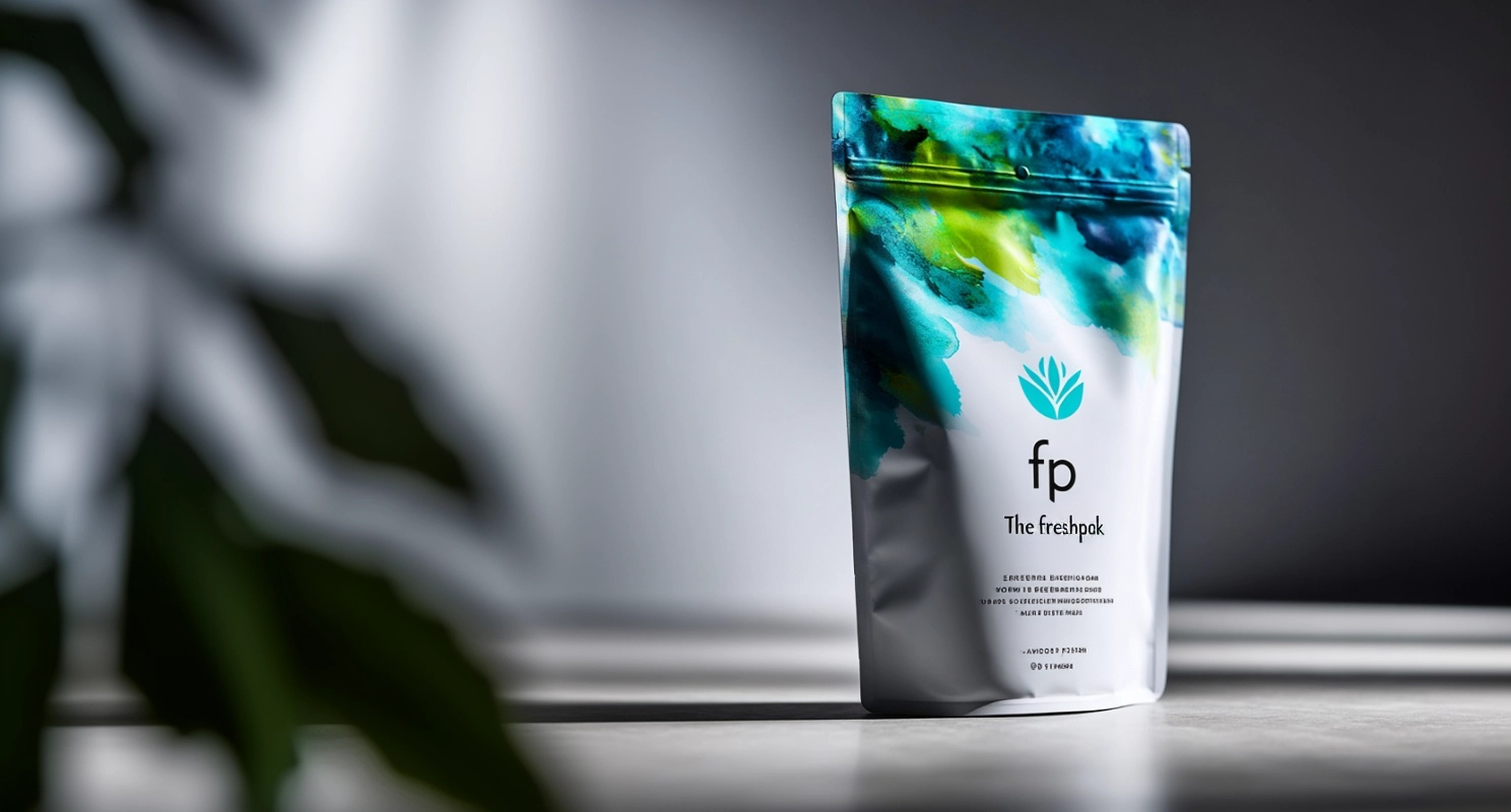 A stand-up pouch with a blue and green watercolor design, labeled fp The Freshpak, on a sunlit surface.