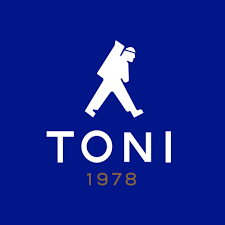 Blue logo featuring a silhouette of a walking man carrying a bag above the word "TONI" and the year "1978" below.