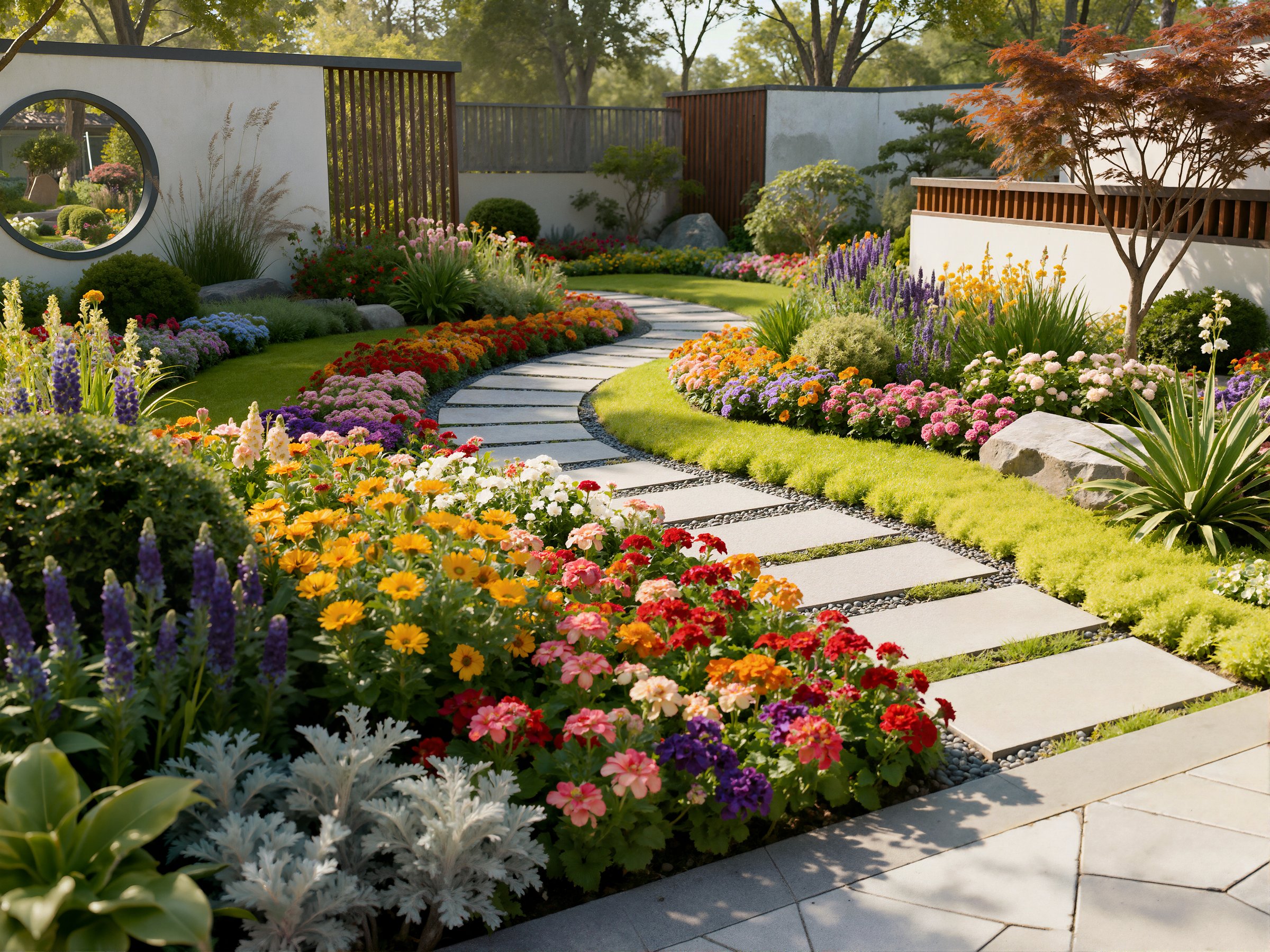 A 3D render of a beautiful contemporary garden featuring square stepping stones on lush green lawn, bordered by vibrant flowering beds and clean white walls.