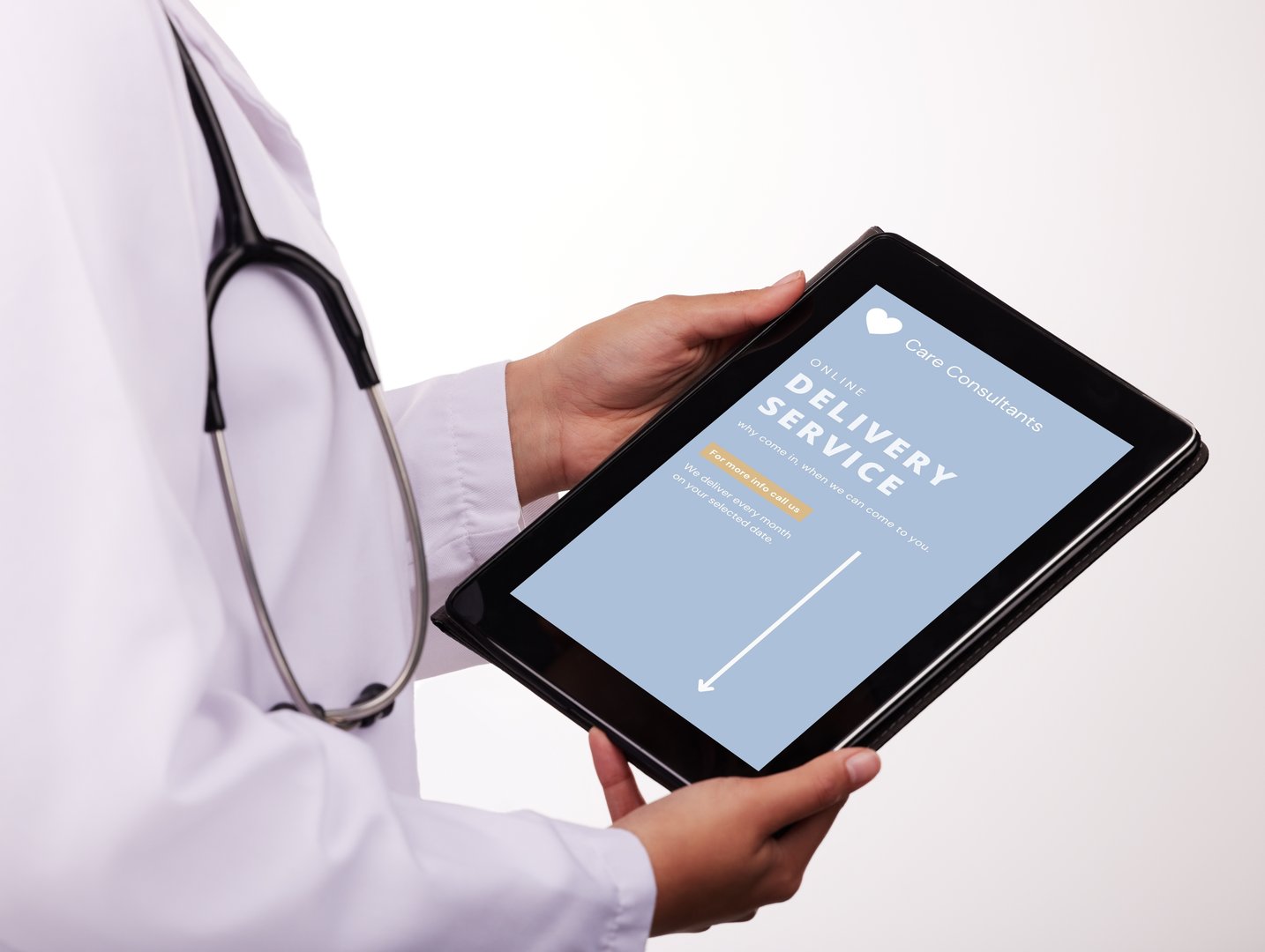 Doctor, hands and tablet screen in Telehealth, healthcare or delivery service for online consultation. Closeup of medical person or health consultant with technology display app for telecommunication