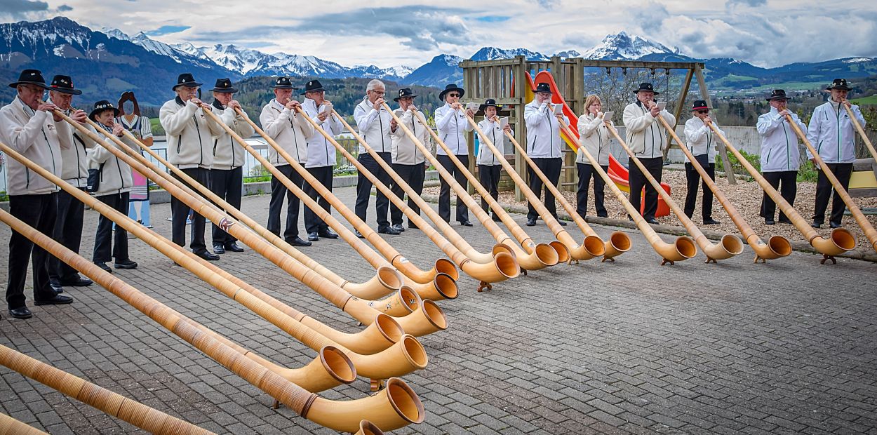 Swiss traditional musical instruments: alphorn, hackbrett dulcimer, Schwyzerörgeli and Langnauerli accordions