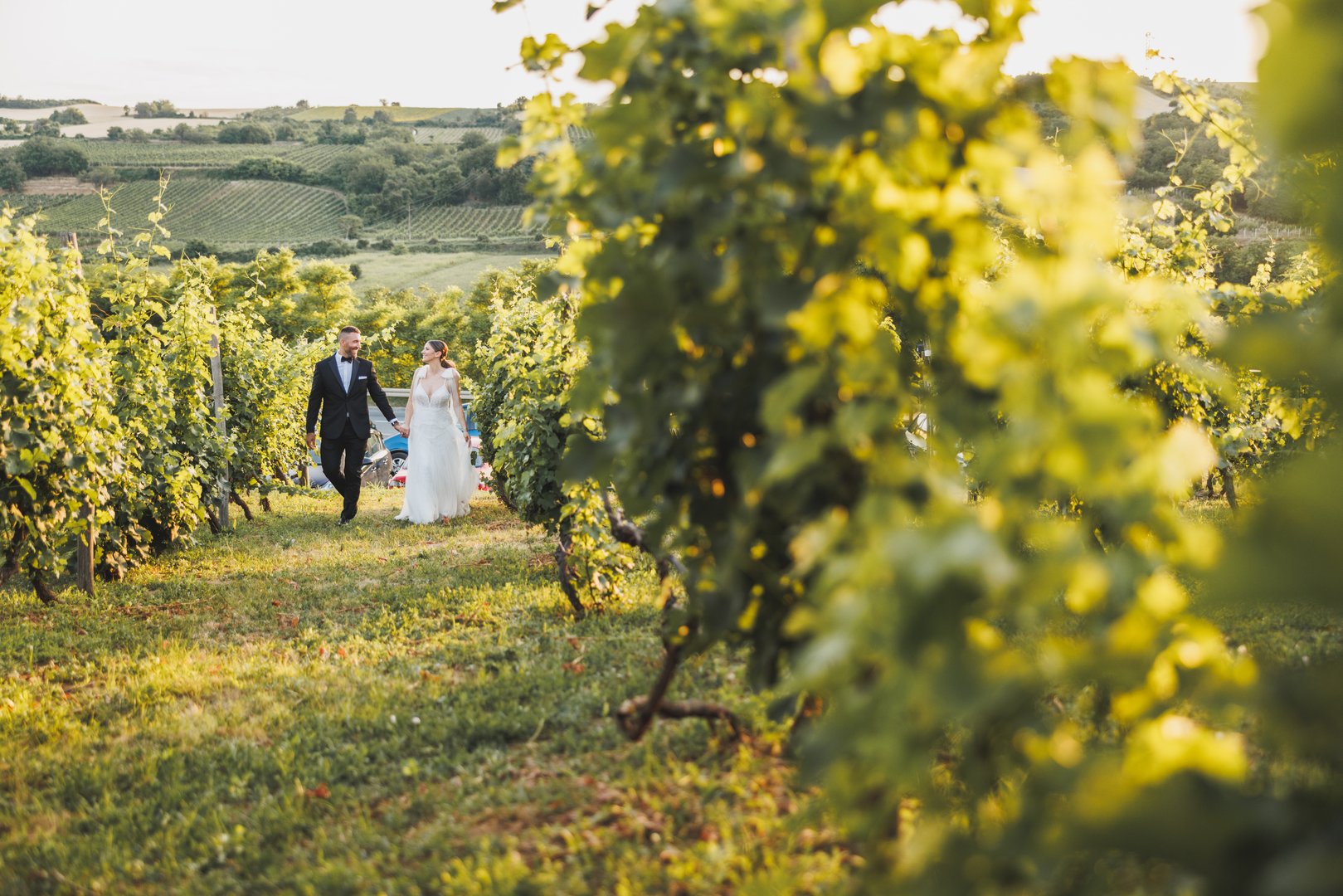 Shot of a happy young couple walking in vineyard on their wedding day.