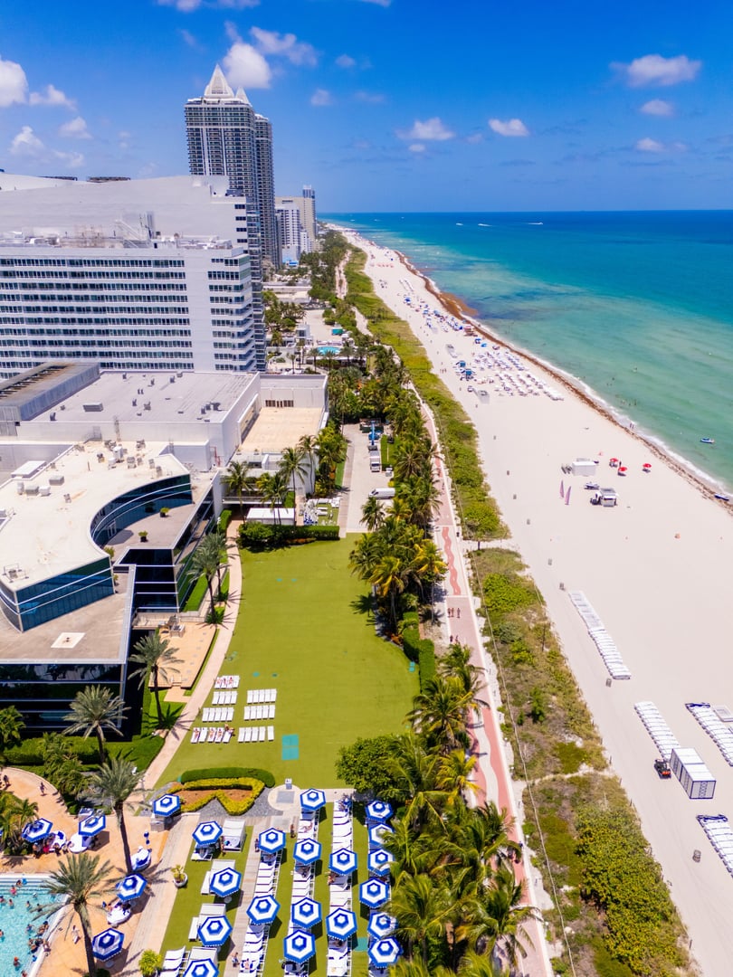 Beach hotels Miami. Aerial photo 2025. View of oceanfront resorts