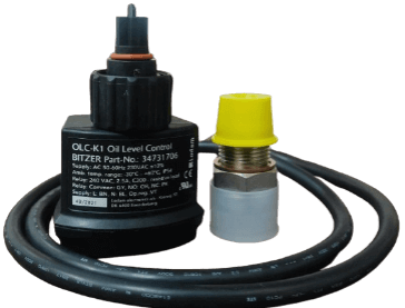 Black OLC-K1 oil level control device with cable and a yellow-capped component beside it.