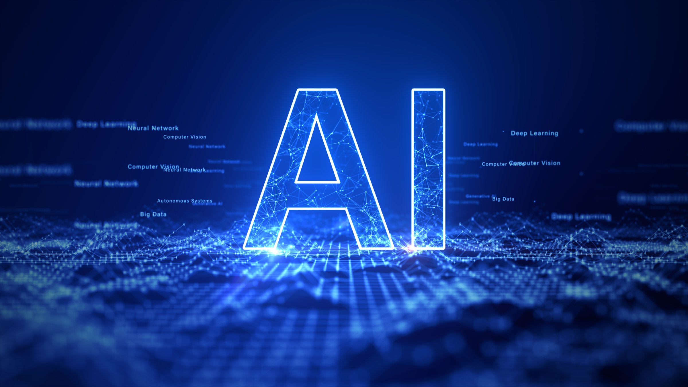 AI text with a digital network background, representing artificial intelligence, machine learning, and big data in a futuristic blue theme. Technology abstract background 3d Rendering