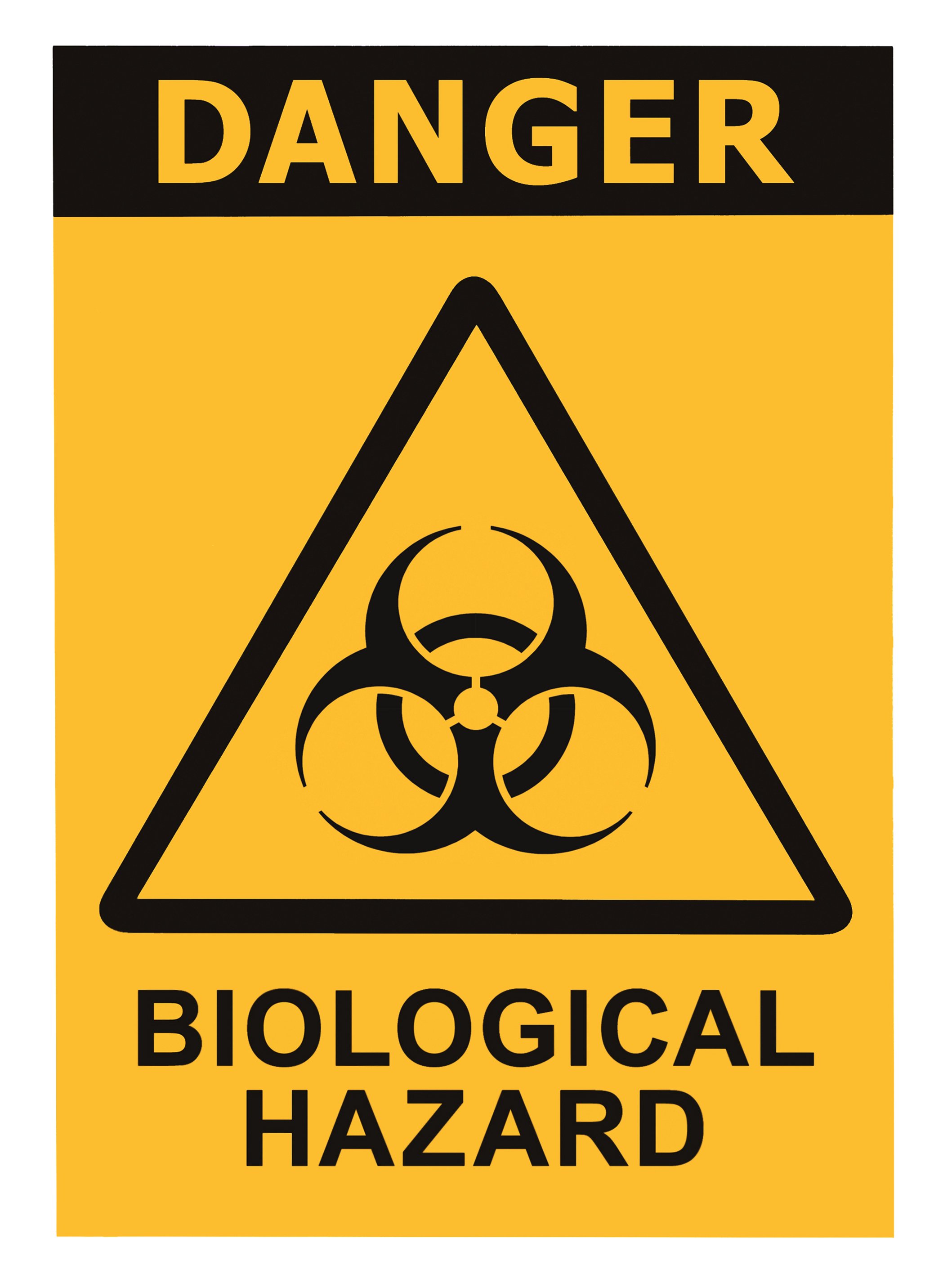 Yellow biological health hazard danger warning sign, large detailed isolated vertical contamination biohazard triangle icon symbol label macro closeup, black biohaz threat alert safety text sticker signage