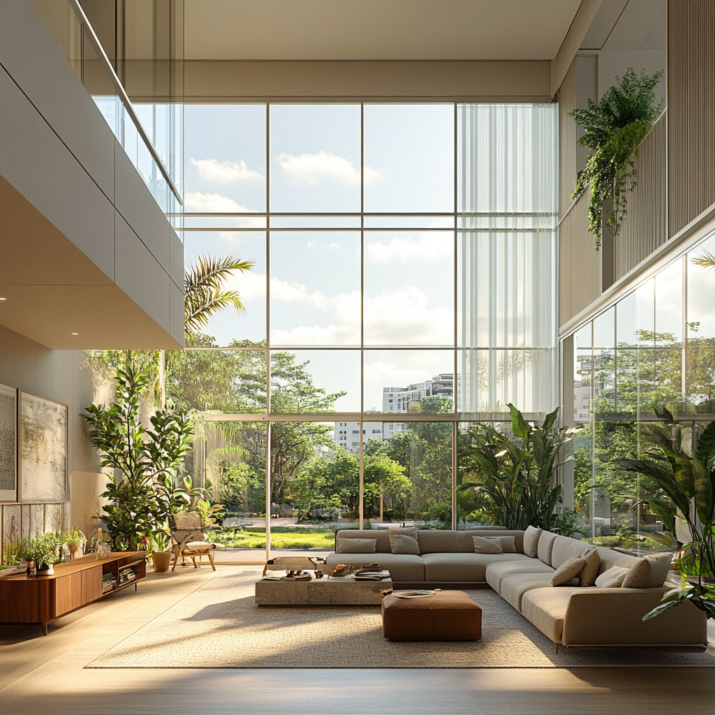 Modern living room with large windows, lush plants, beige sectional sofa, and natural light overlooking a garden.