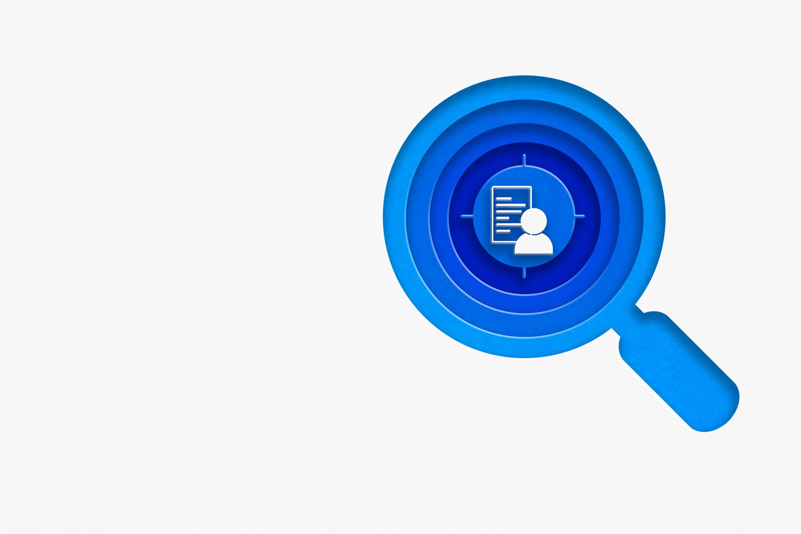 people icon with data inside magnifying glass, 3D illustration, paper cut on grunge grey background including copy space