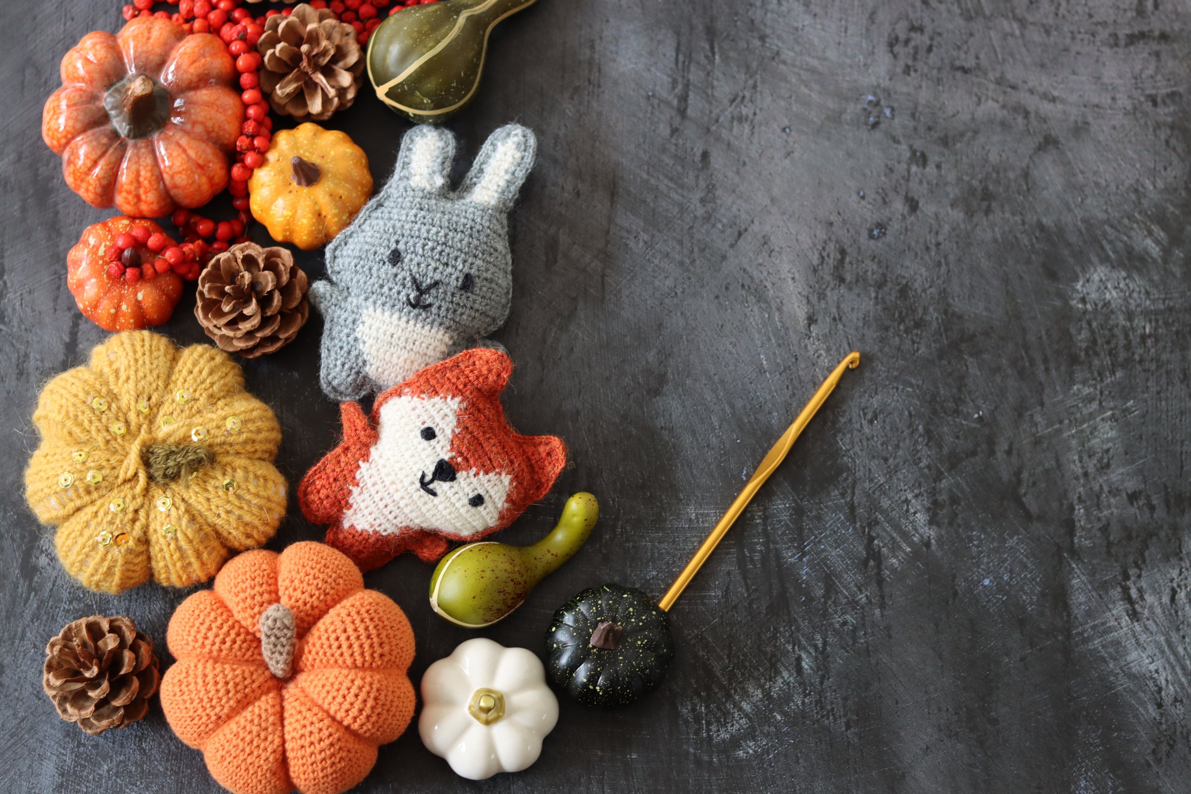 Cute handmade toys made of wool yarn. Crochet Amigurumi toys on dark grey background with space for text. Eco friendly Thanksgiving gift. Fall season decorations.