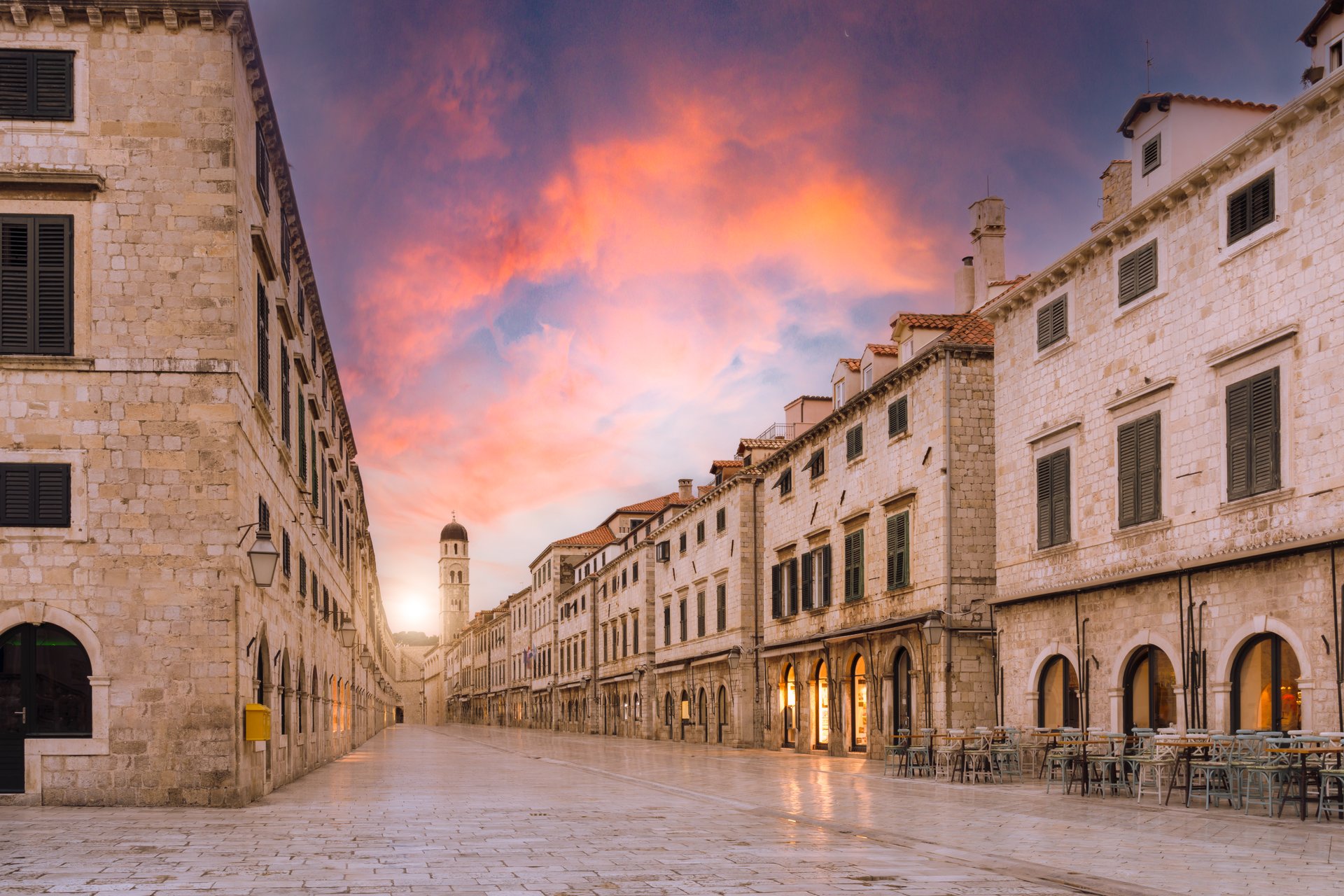 view of the main street in the old town of Dubrovnik city in Croatia at sunset