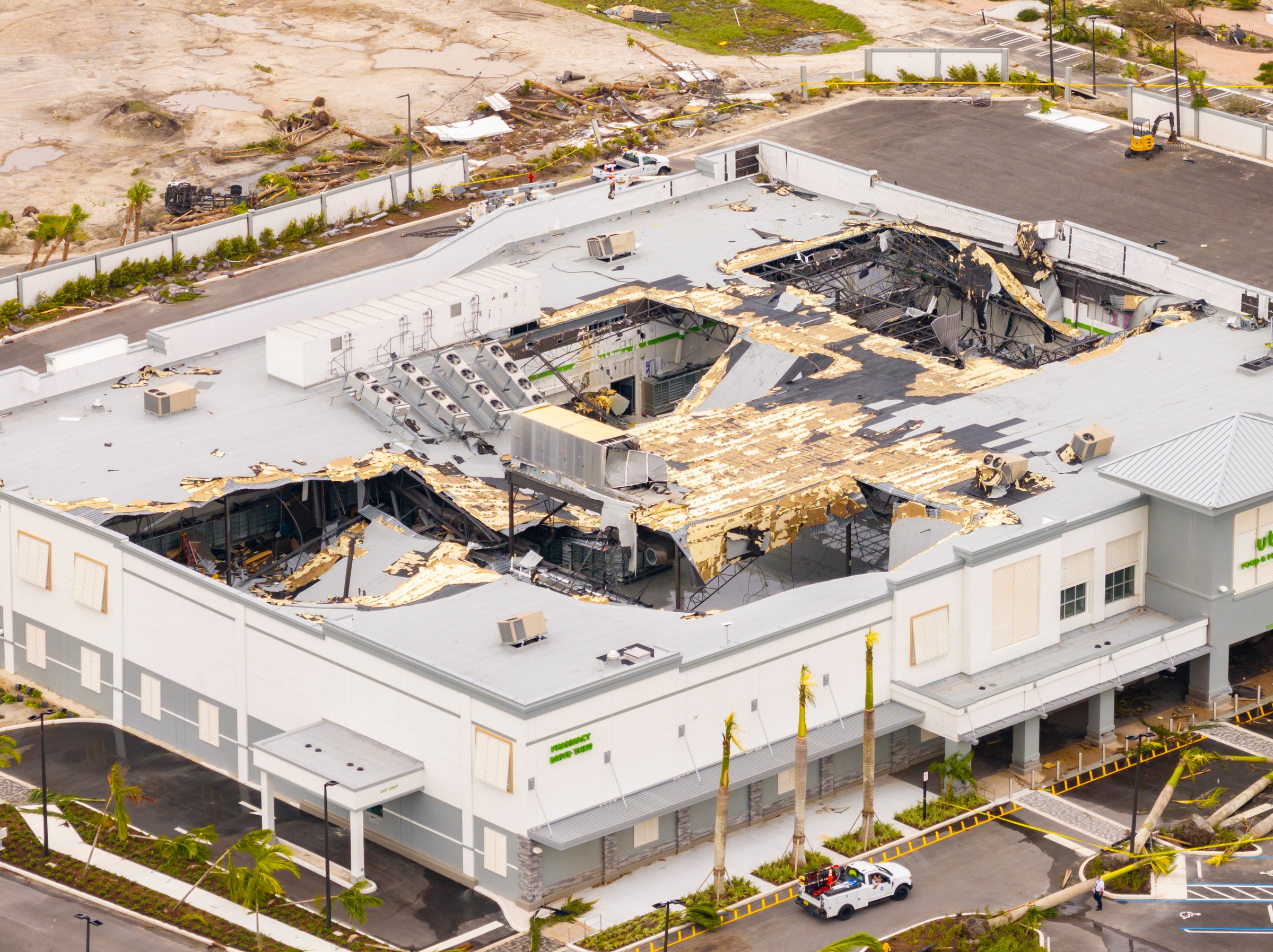 Palm Beach Gardens, FL, USA - October 10, 2024: Palm Beach Gardens Publix Supermarket destroyed by tornado Hurricane Milton 2024
