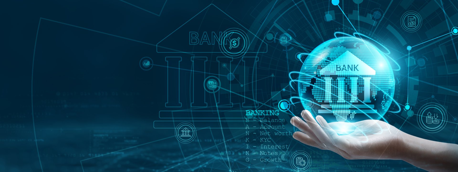 Hand holding a secure, transparent globe with network connecting data. Innovative solutions for the banking sector, enabling seamless transactions, efficient customer experiences, secure data handling