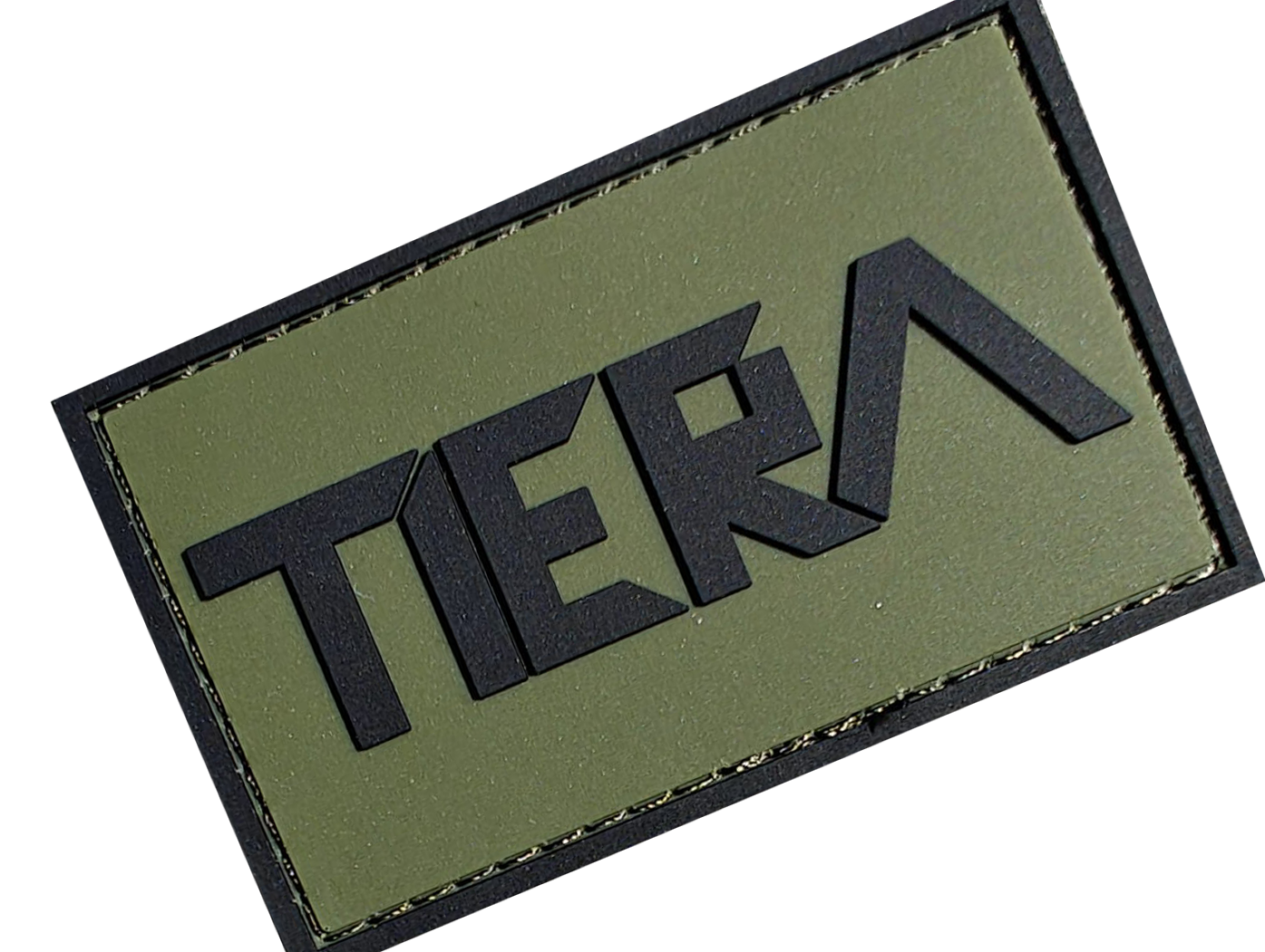 Olive green patch with the word TIERA in bold black letters and a stylized triangular design in the letter A.