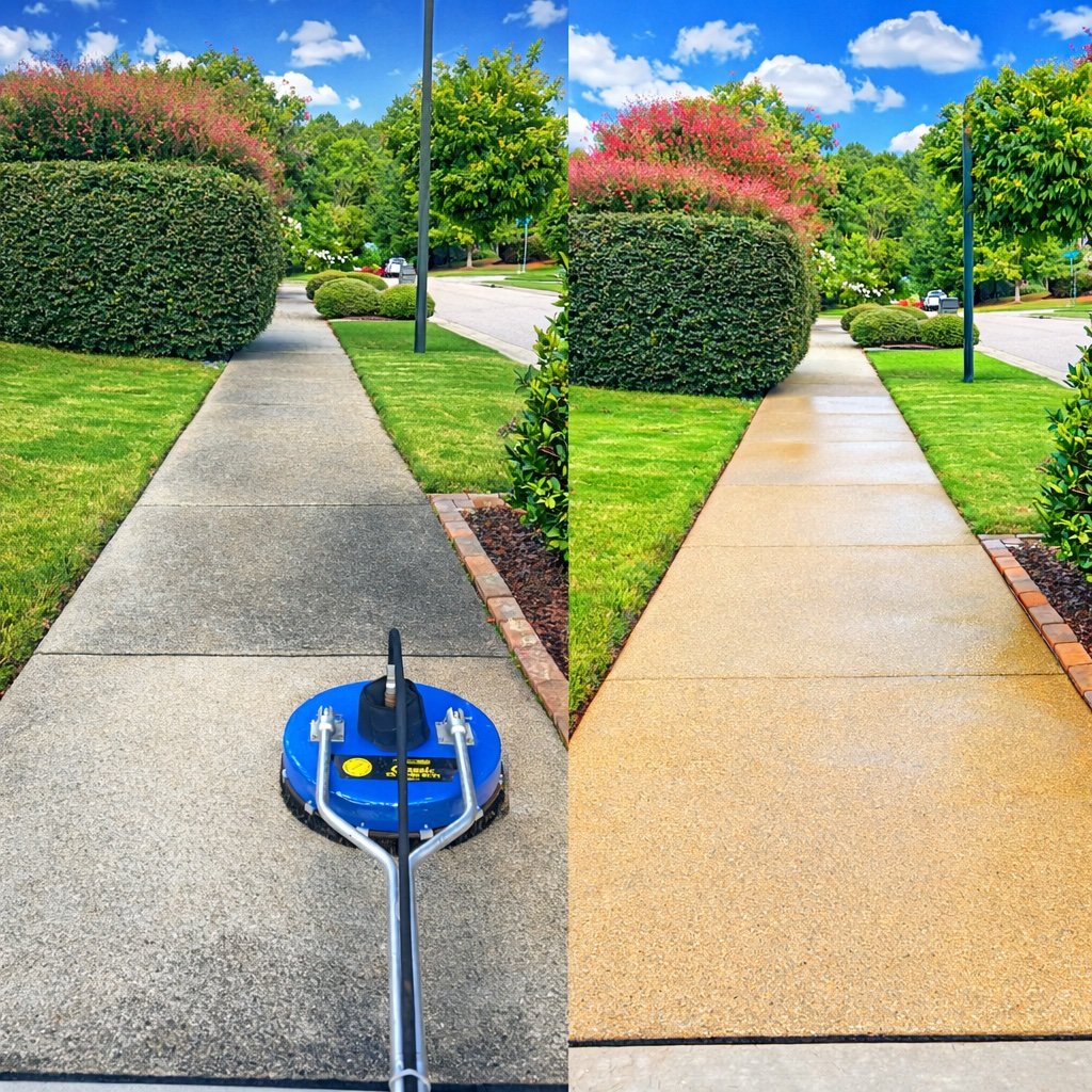 Driveway is being cleaned with high pressure washer, creating shiny surface, removing dirt grime.