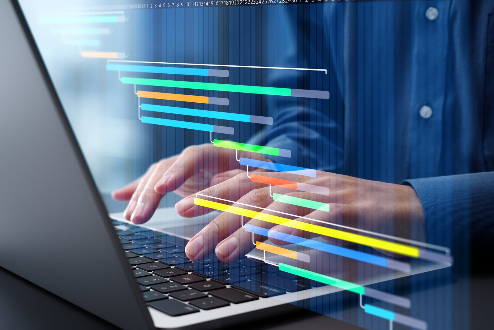 Project management and task scheduling. Timeline and project tracking. Businessman using laptop computer for managing projects and tasks.