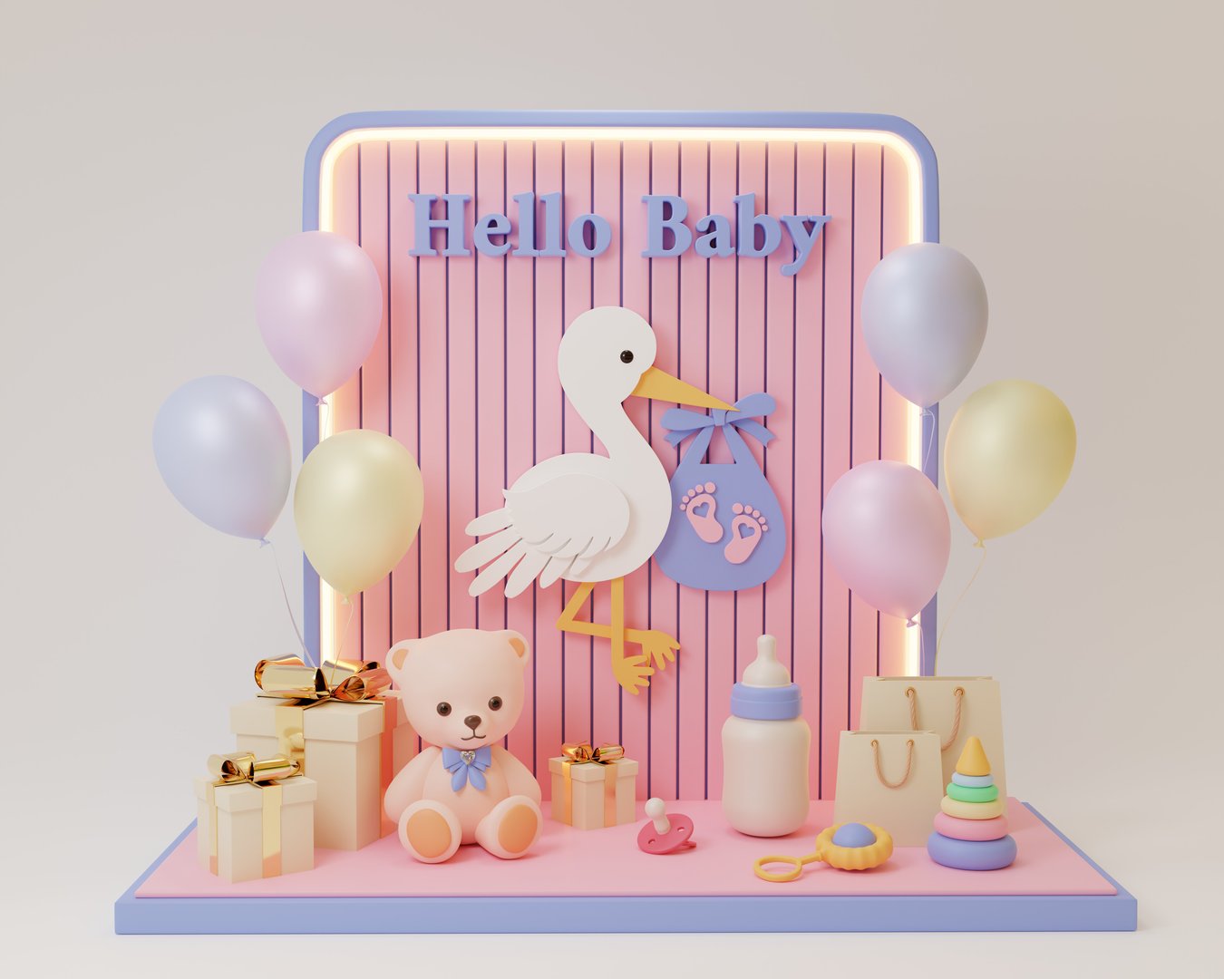 Stork with baby, gifts, teddy bear, pacifier, bottle, rattle, pyramid. Hello baby. 3D rendering. Front view.