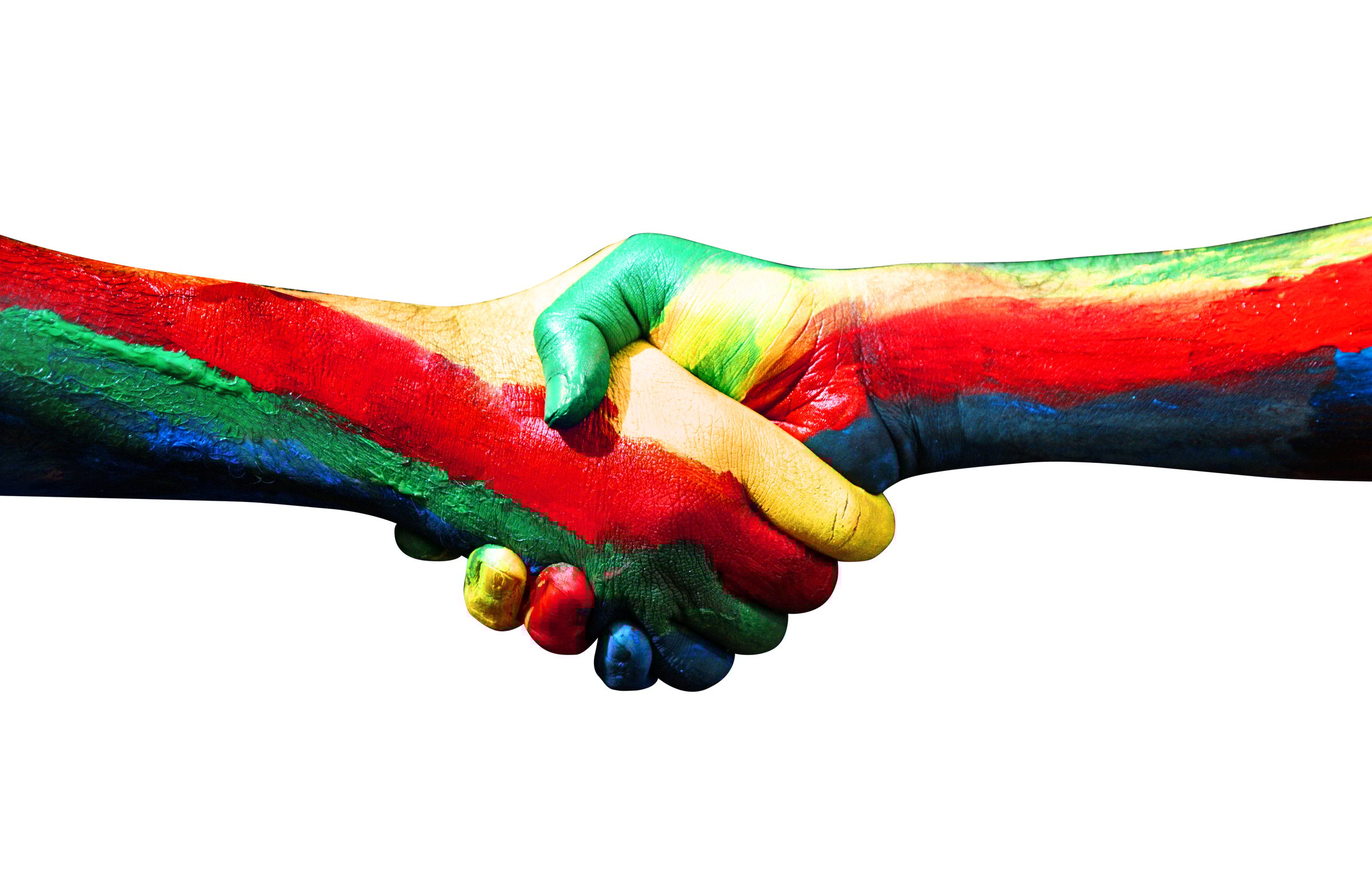 Diversity background with colorful painted handshake on white isolated space. Two people shaking hand with acrylic painted colors on white backdrop