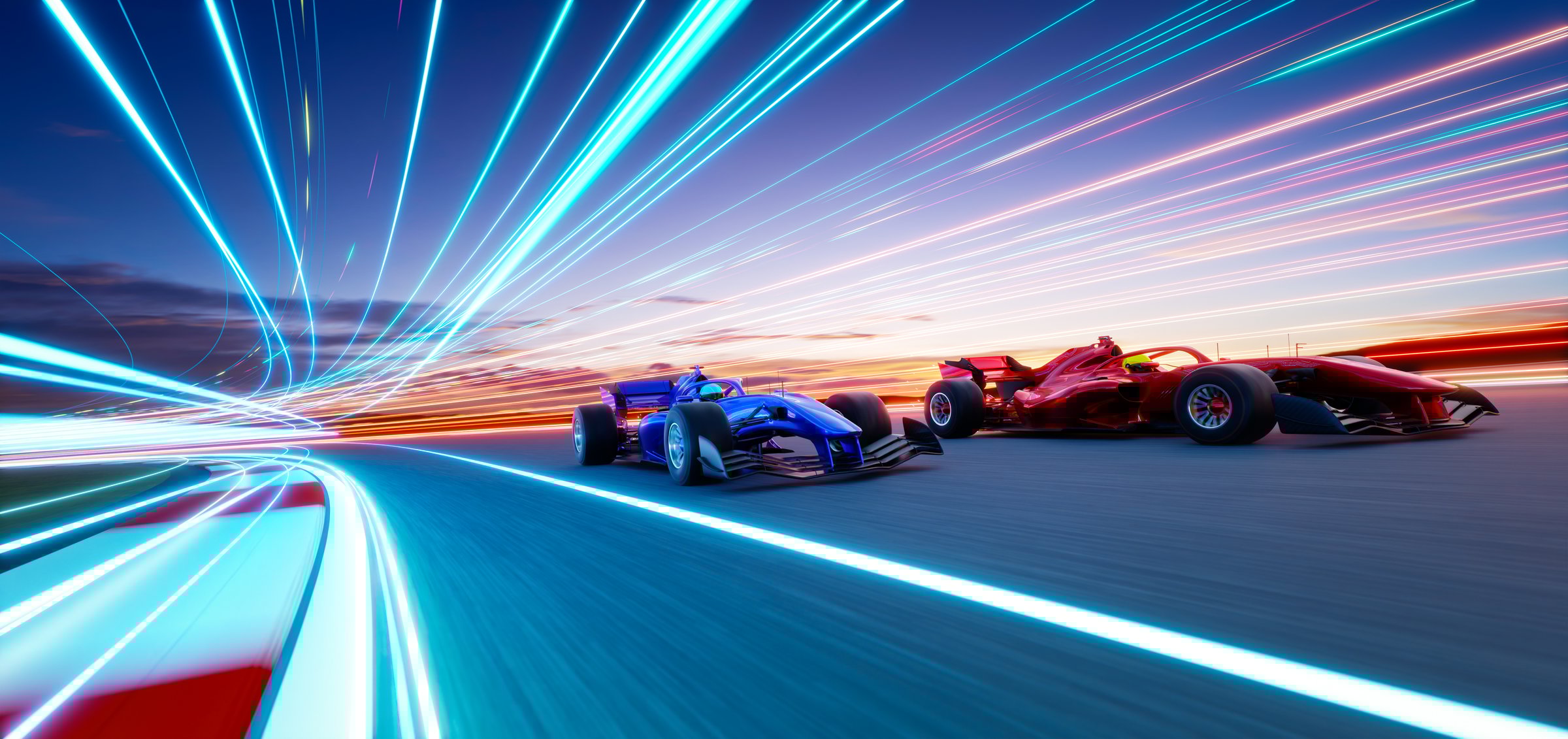 Red and blue racing cars competing on a futuristic track with light trails at sunset. 3d rendering
