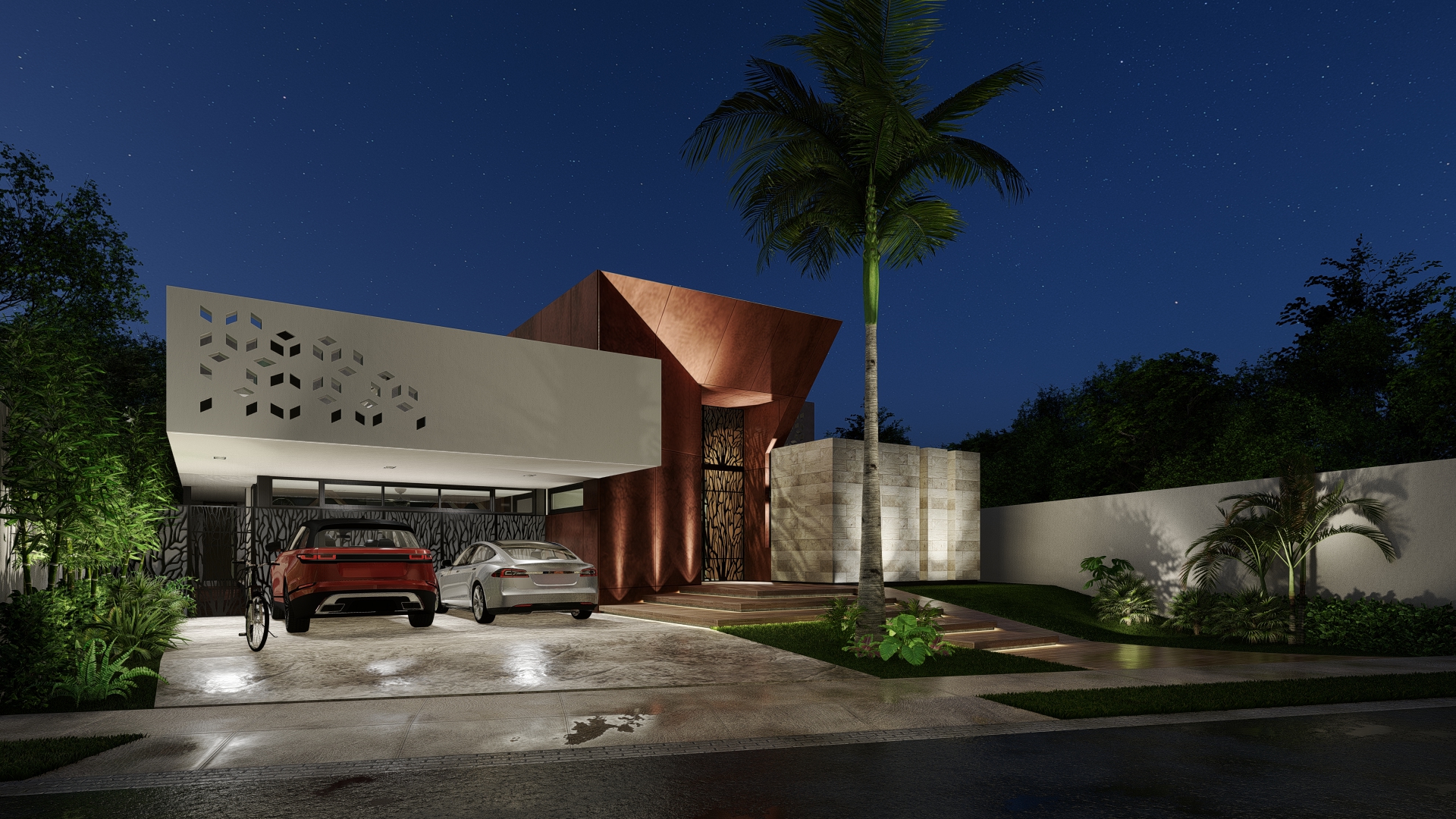 Casa Árbol - Vista nocturna de la fachada con iluminación arquitectónica