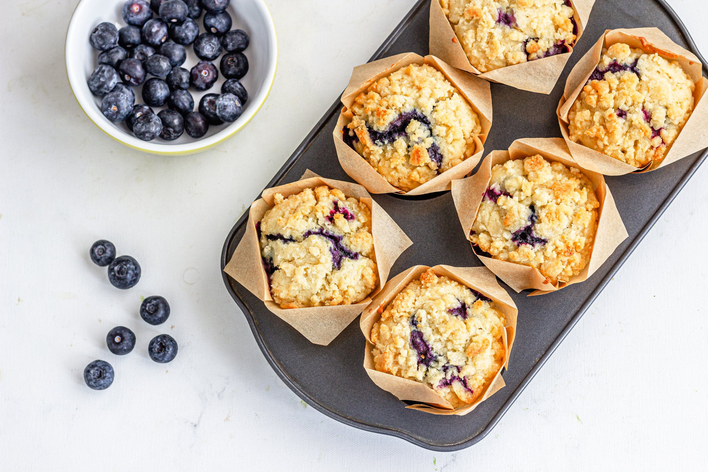 Blueberry Muffins in a Baking Tray Top Down Dessert Photo