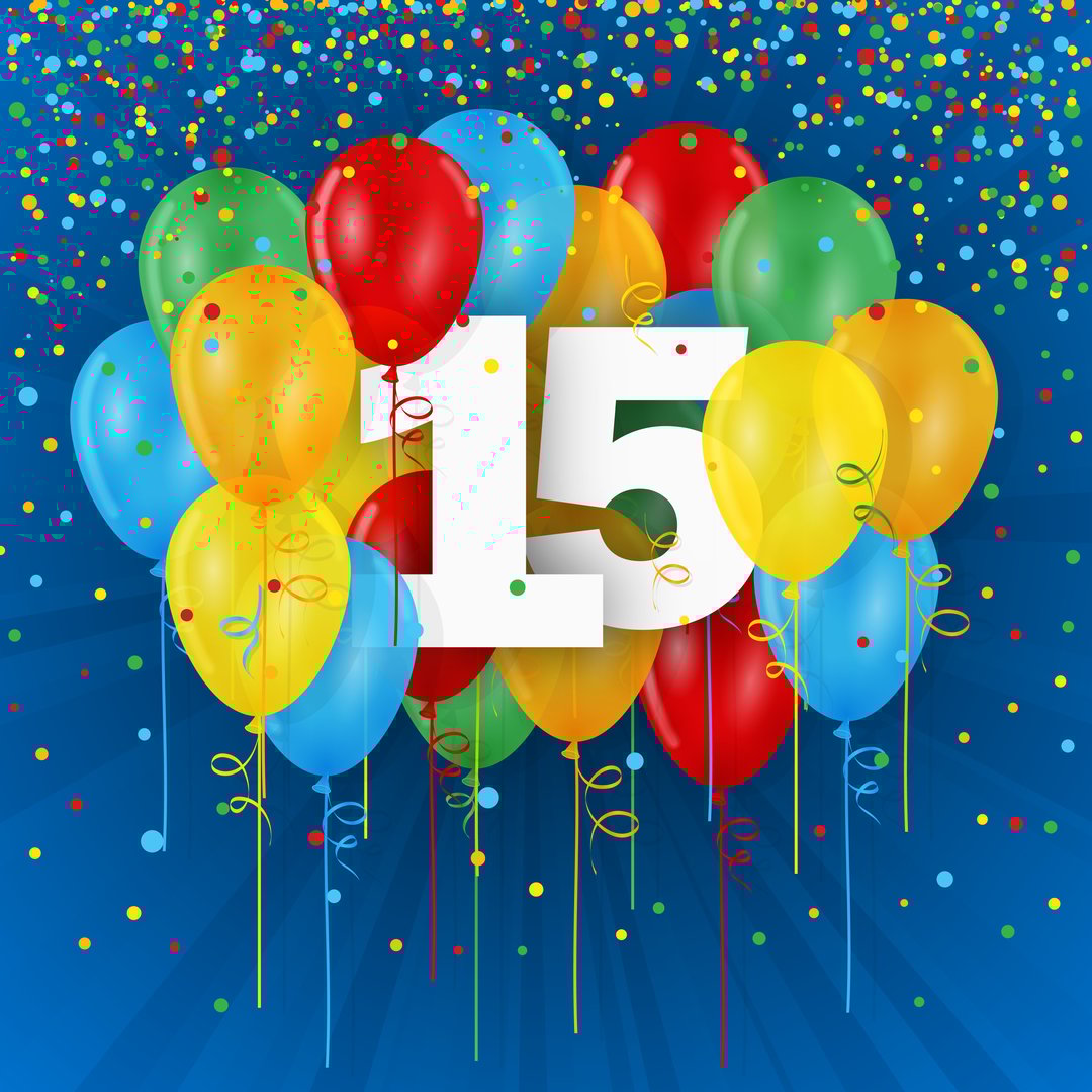 15 years with colorful balloons and confetti on blue background