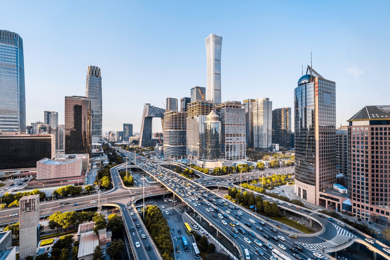 High-angle view of the CBD building complex near the Guomao Interchange in Beijing, China