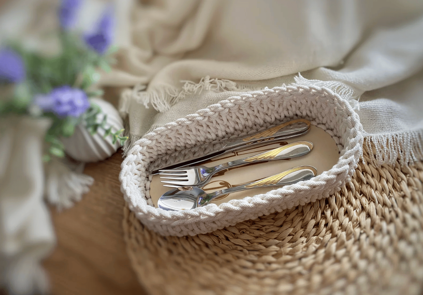 Koszyk na sztućce ze sznurka bawełnianego