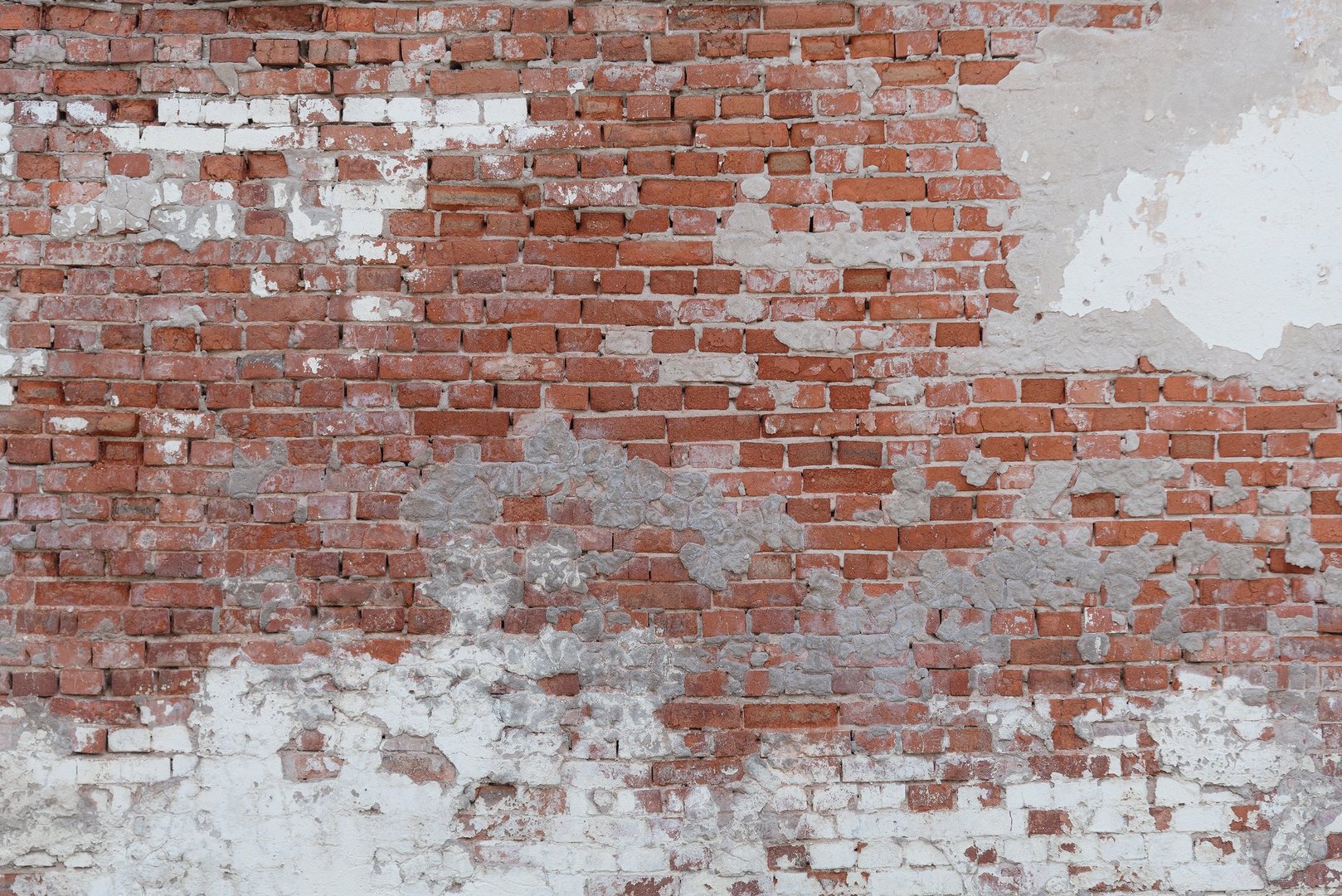 old brick wall, red and white colour, broken bricks, peeling plaster, vintage texture, background for banner, copy space
