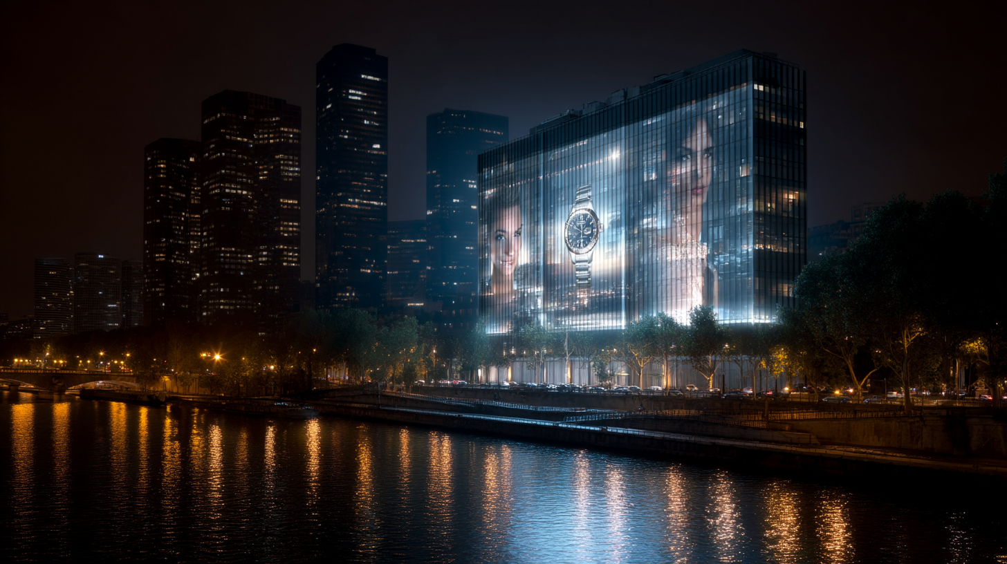 Nighttime cinematic view of a giant LED billboard