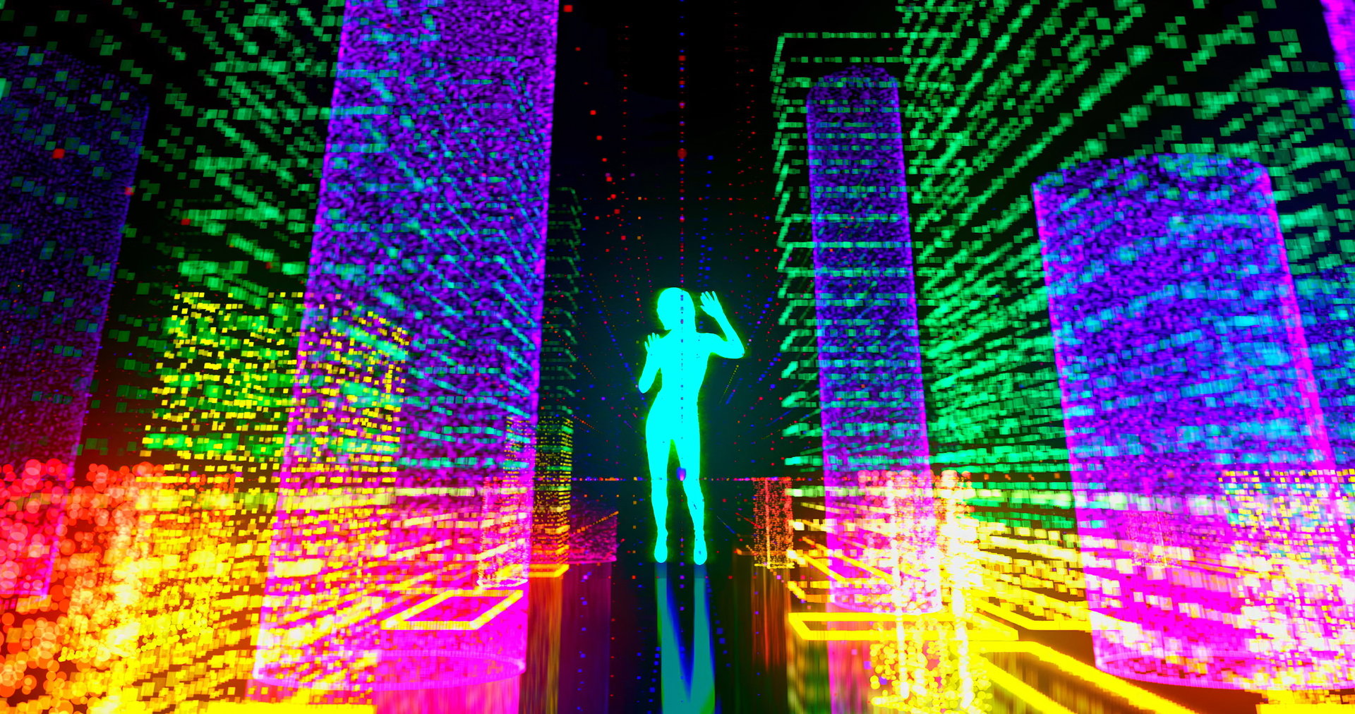 Night dance life in the neon city of future. Bright female silhouette dances among the skyscrapers. Animation. High quality photo