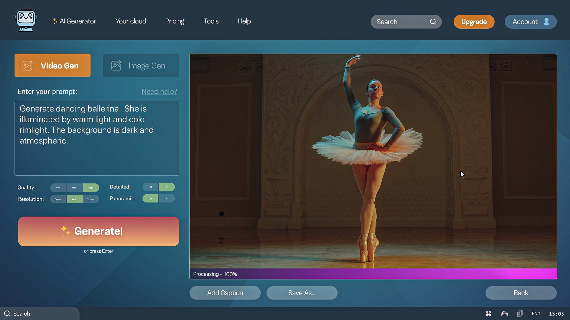 User interface of AI video generator. Artificial intelligence chatbot generate detailed high-quality realistic video of beautiful dancing ballerina from prompt. Advanced AI generated video creation.