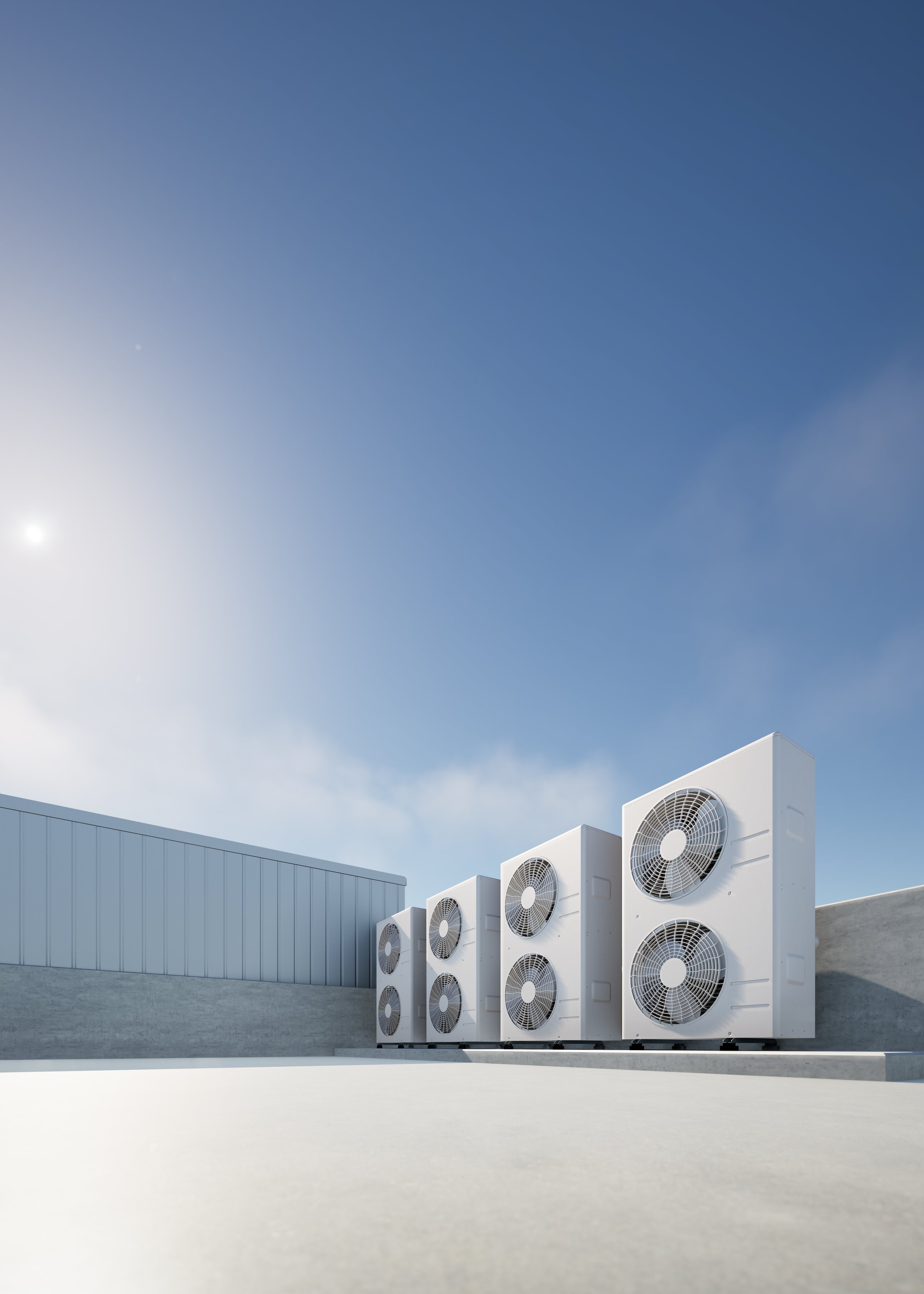 3D rendering of air condenser on concrete floor with clear sky in background. Technology for climate control in building. Visuals related to HVAC engineering and building utility management.
