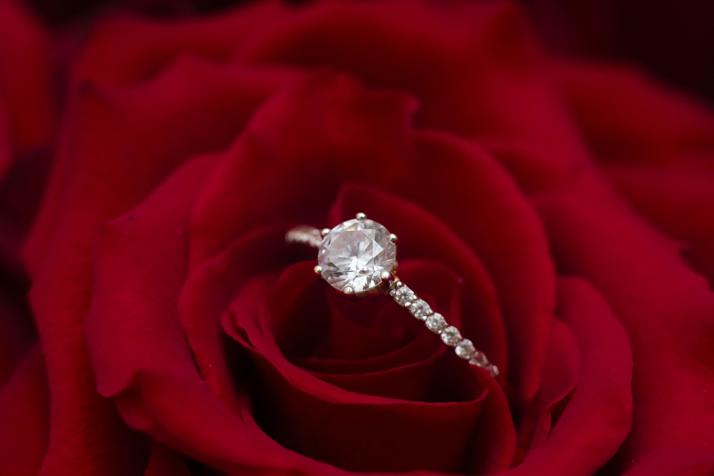 A stunning diamond ring sits gracefully on a vibrant red rose petal. The intricate design and glimmer of the gemstone capture the essence of love and beauty perfect for a special occasion.