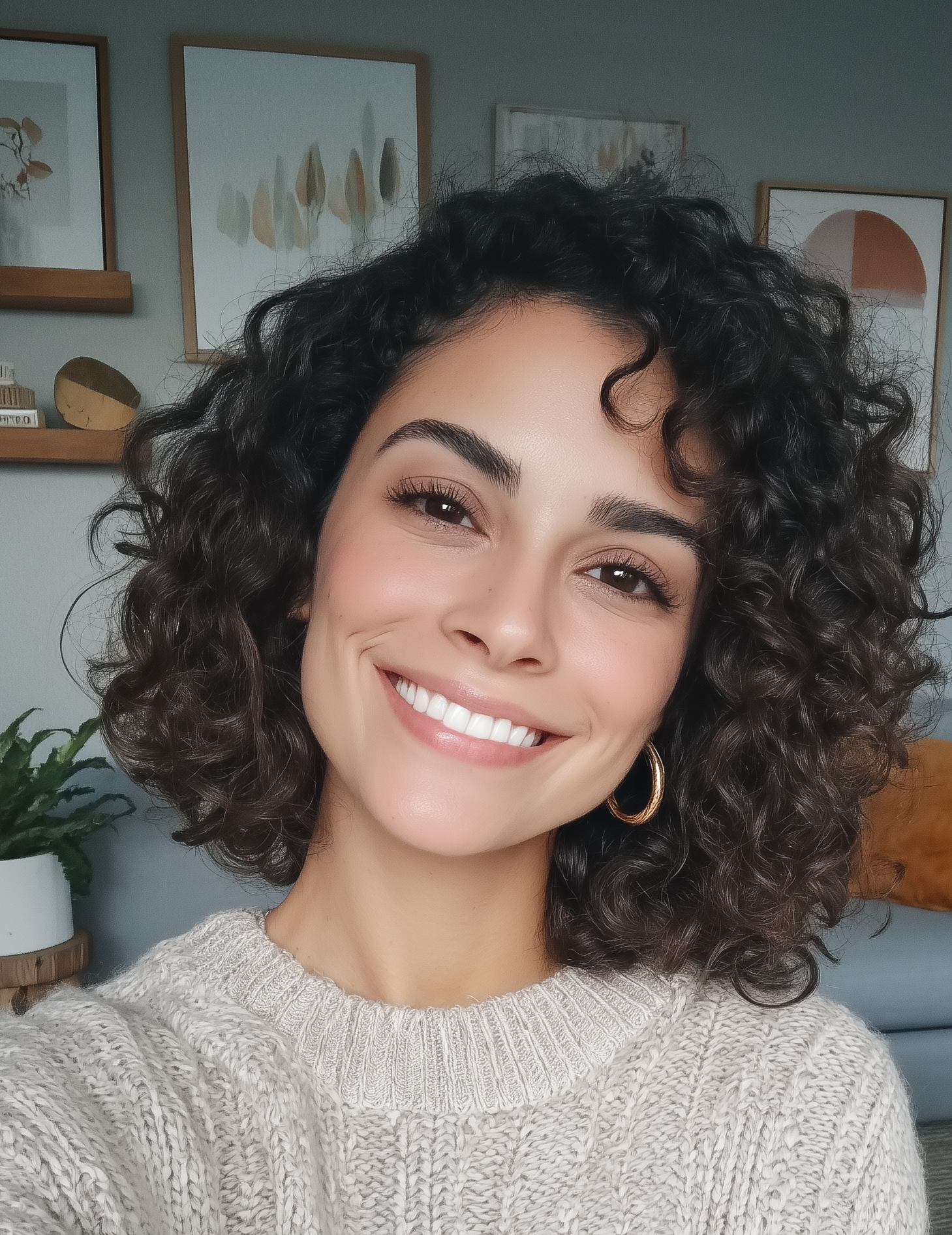 Smiling person with curly hair wearing a knit sweater, standing in a room with framed artwork and a plant.
