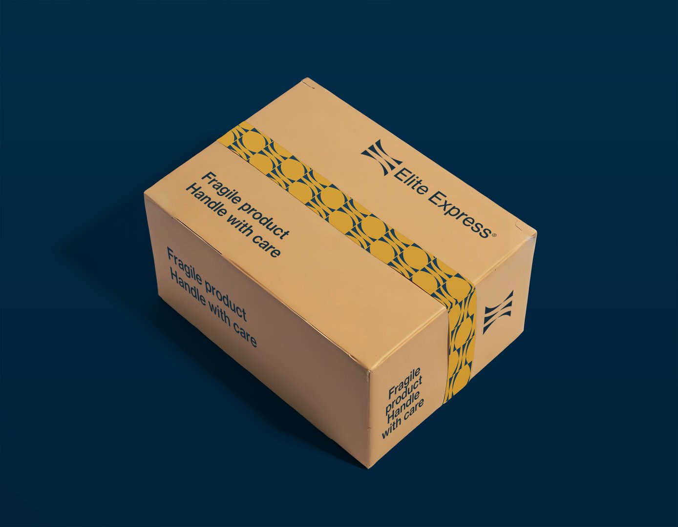 A cardboard box with "Elite Express" logo and "Fragile product, handle with care" printed, taped with yellow geometric design.