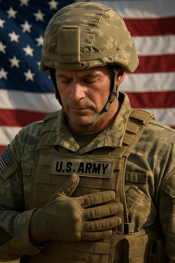 Soldier in uniform with hand on chest stands solemnly in front of an American flag, displaying a gesture of respect.