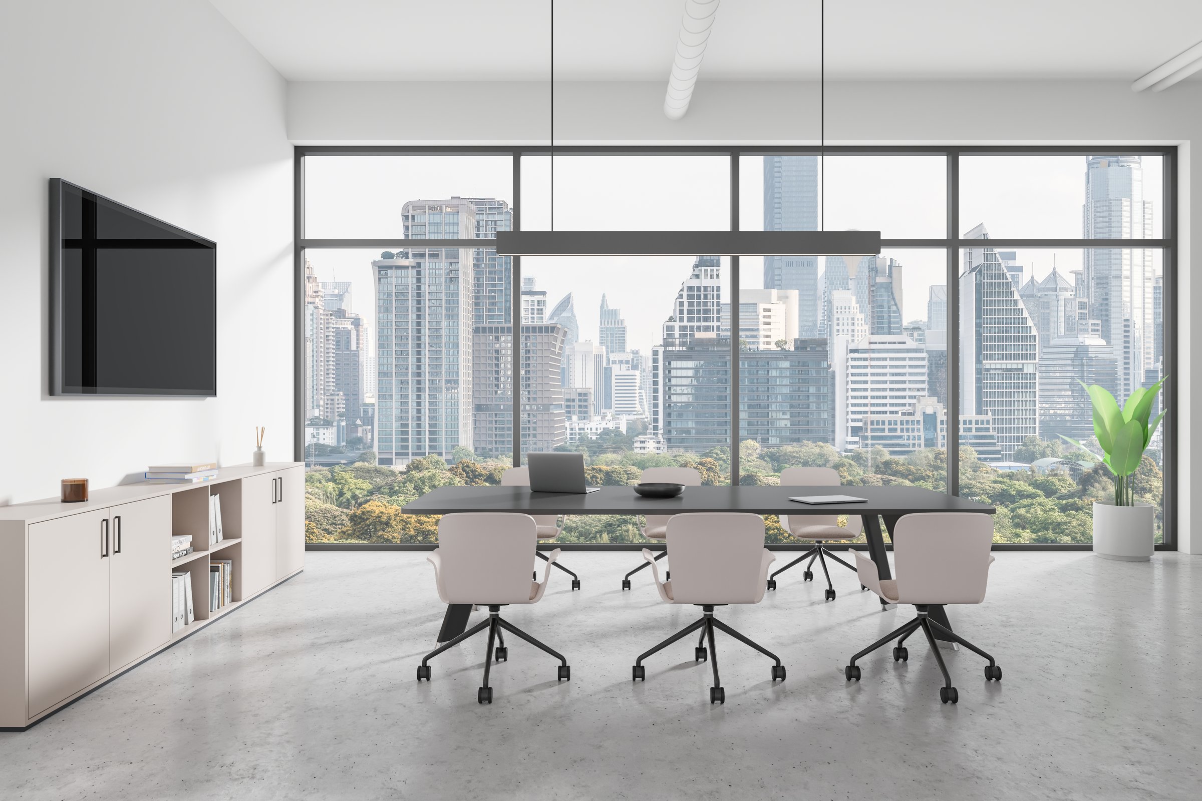 Modern conference interior with table and chairs, tv screen and drawer with decoration. Stylish meeting room with panoramic window on Bangkok skyscrapers. 3D rendering