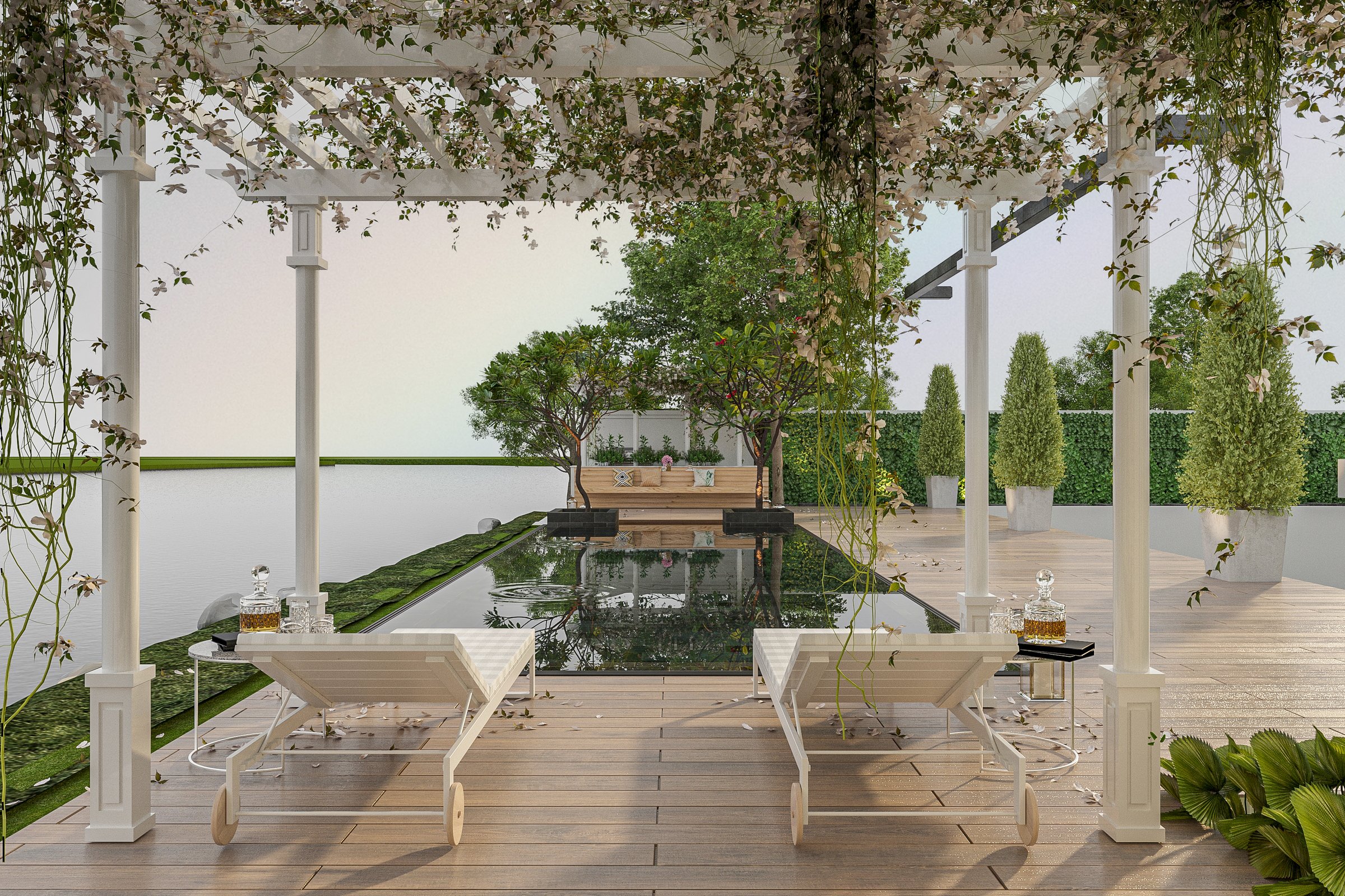 Swimming pool with sun loungers and deckchairs in a luxury villa