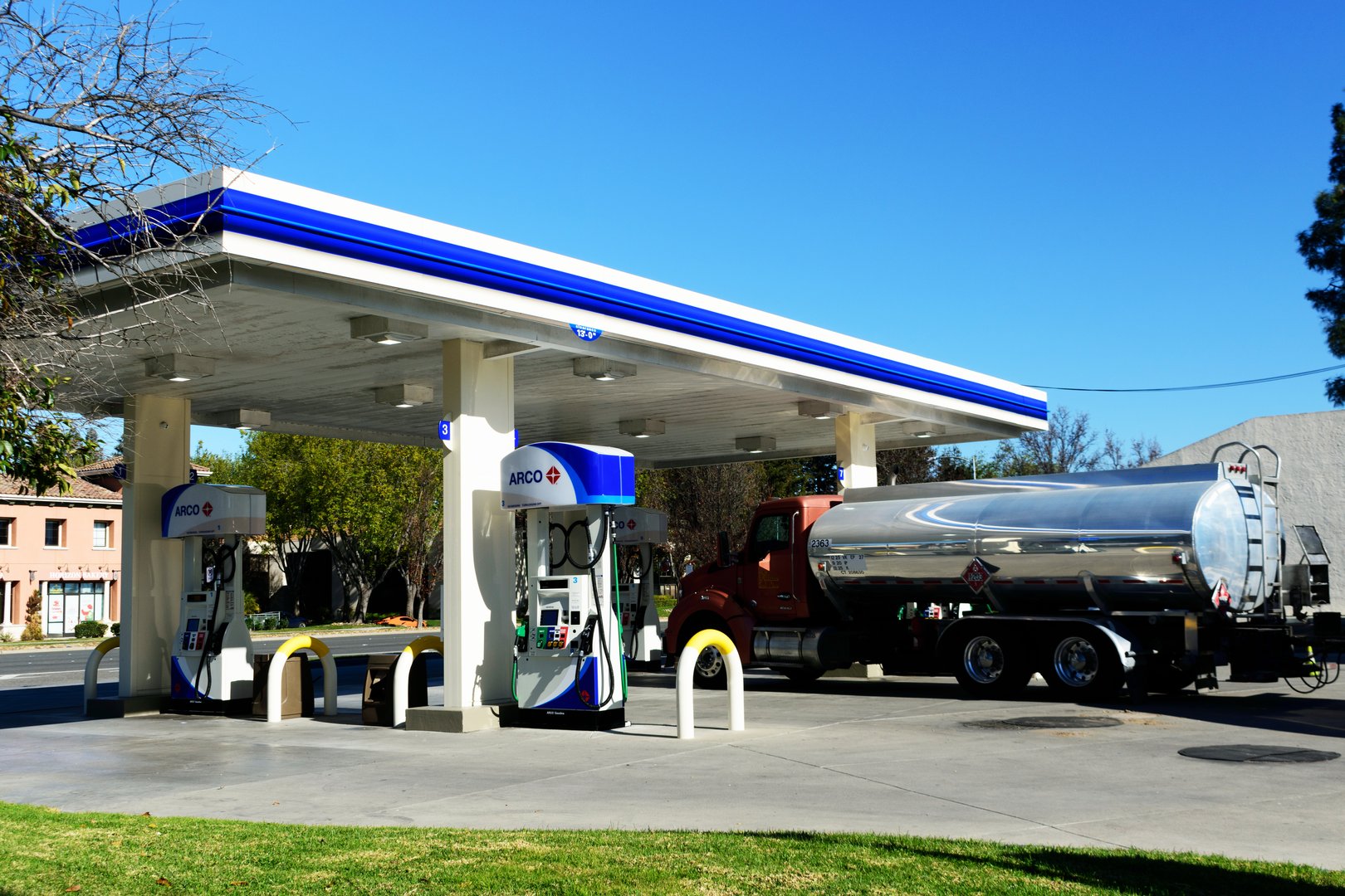 A fuel delivery truck parked at an ARCO gas station. - California, USA - January 10, 2025