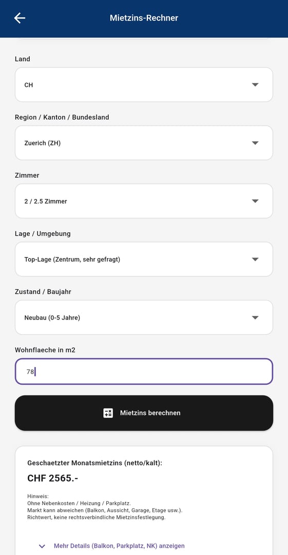 Mietzinsrechner - Automatische Berechnung