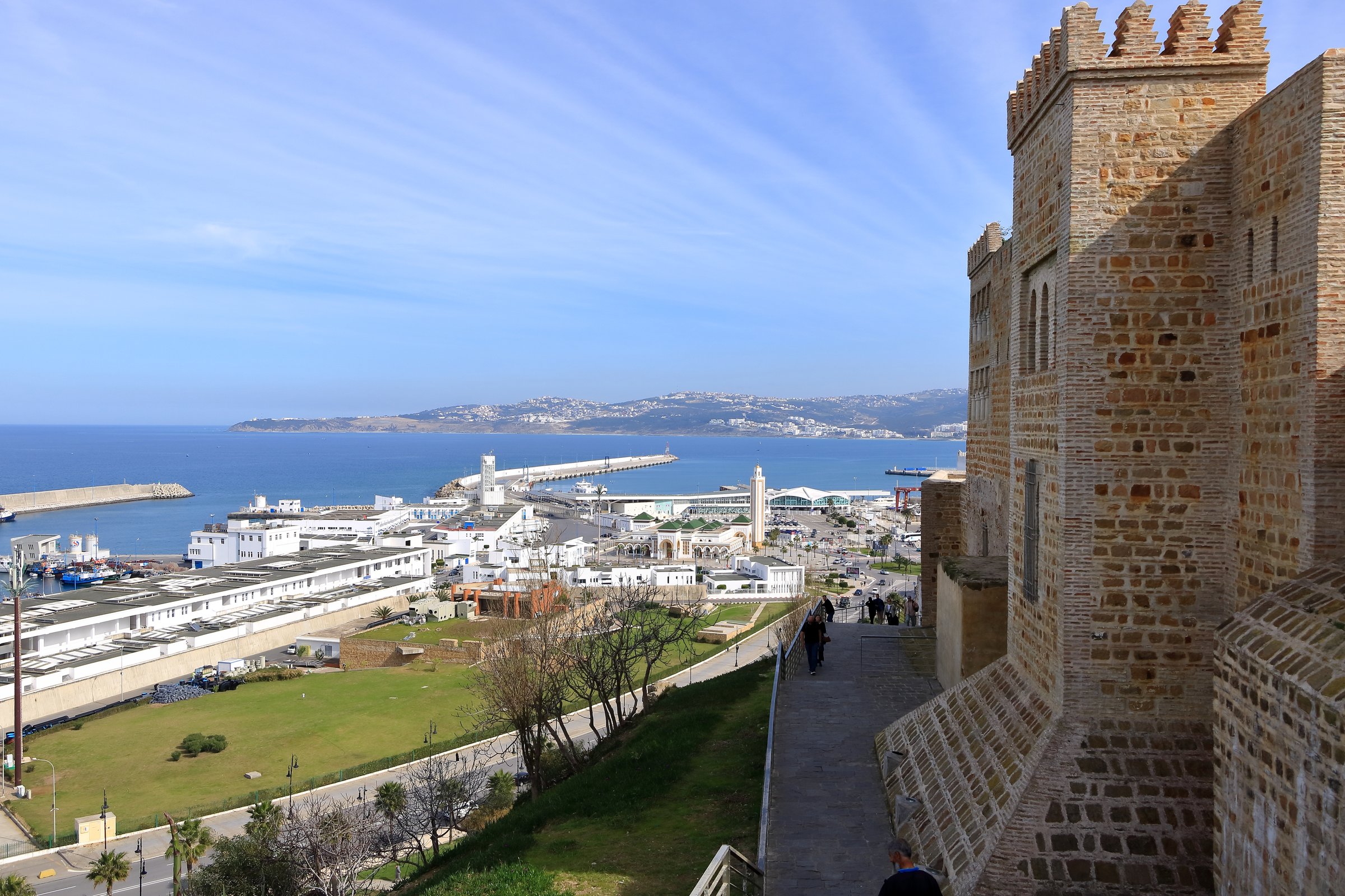Tangier at Strait of Gibraltar, Morocco - February 17 2025: view to the sea and harbor from Kasbah Bab Al-Bar, Bab Bhar