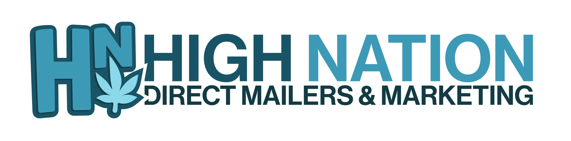 Logo for High Nation Direct Mailers &amp; Marketing, featuring initials HN with a stylized cannabis leaf design.