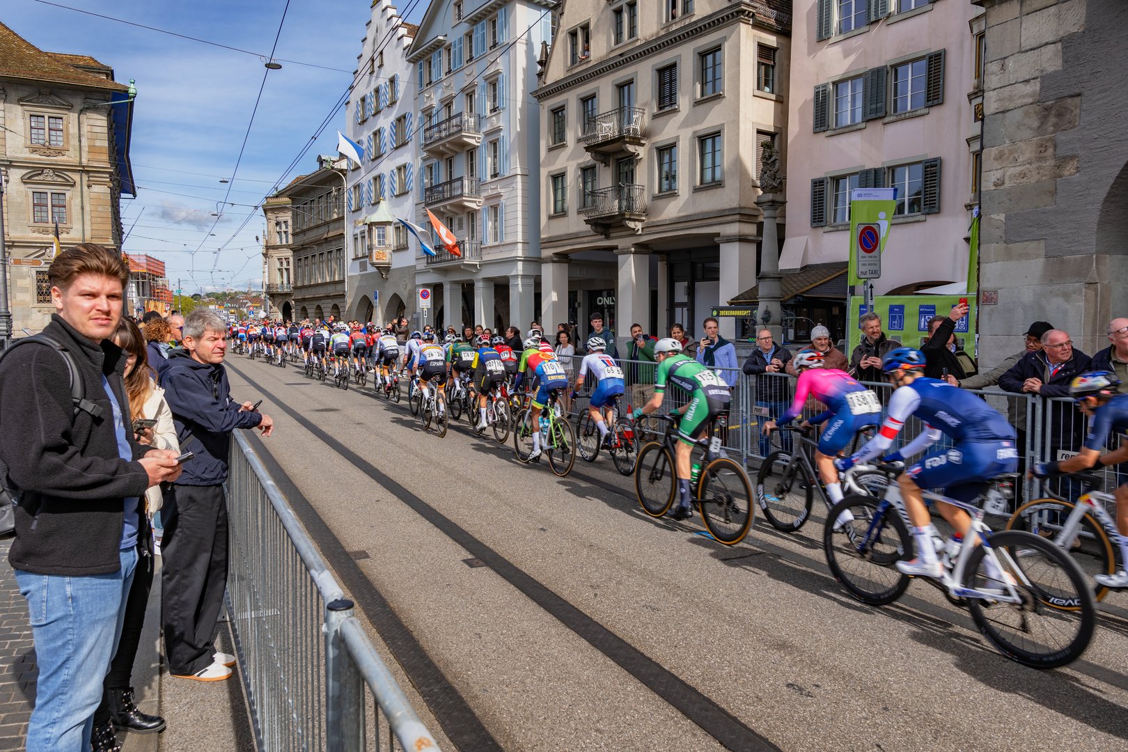 Zurich, Switzerland - September 29, 2024 - People watching cyclists in City Race of 2024 UCI Road and Para-cycling Road World Championships.