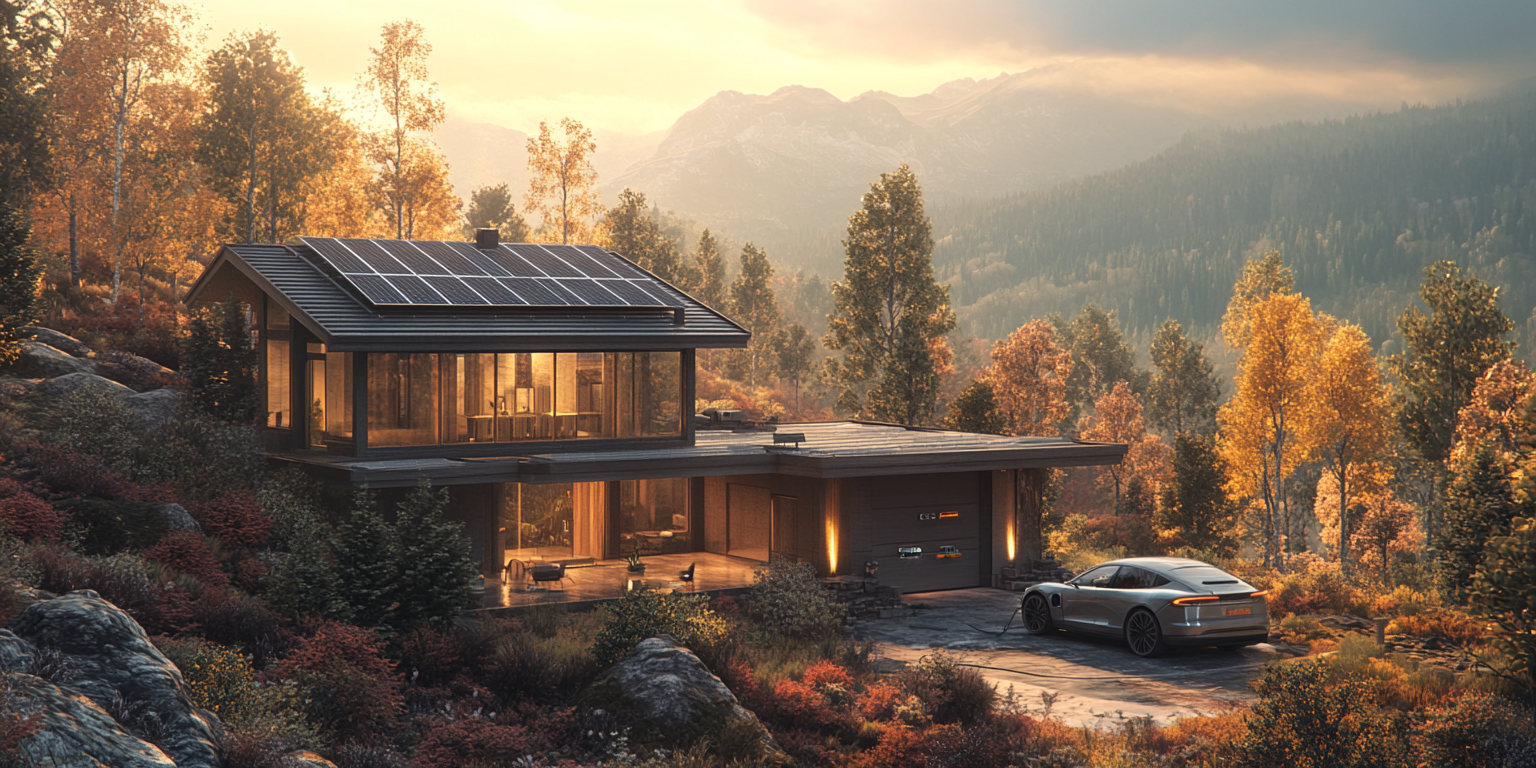 Modern house with solar panels in autumn forest, mountains in background, sports car parked outside at sunset.