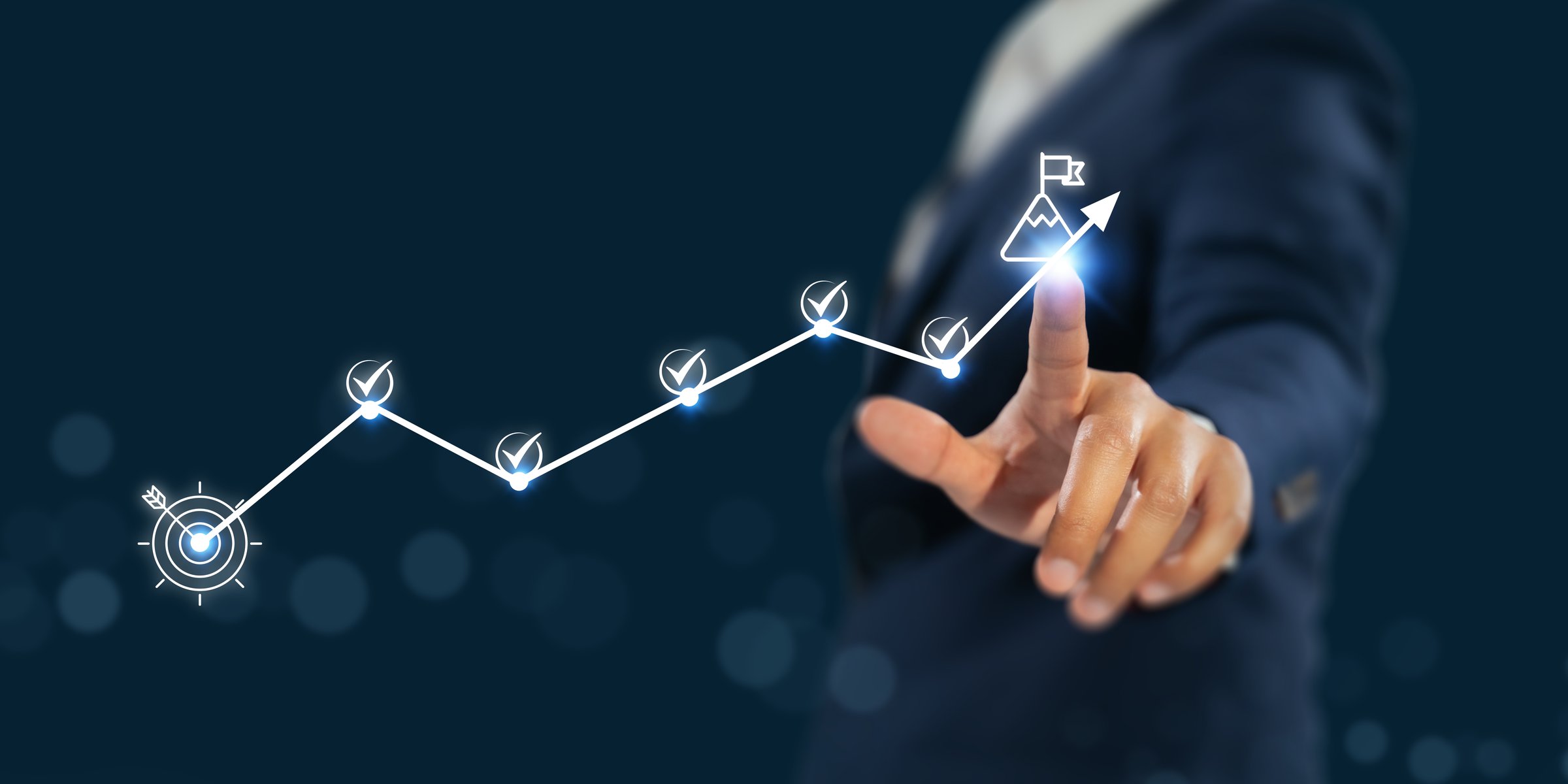 Business success roadmap concept. Points to a upward path marked by progress icons and check marks, representing strategic planning, goal tracking and successful project execution in a corporate.