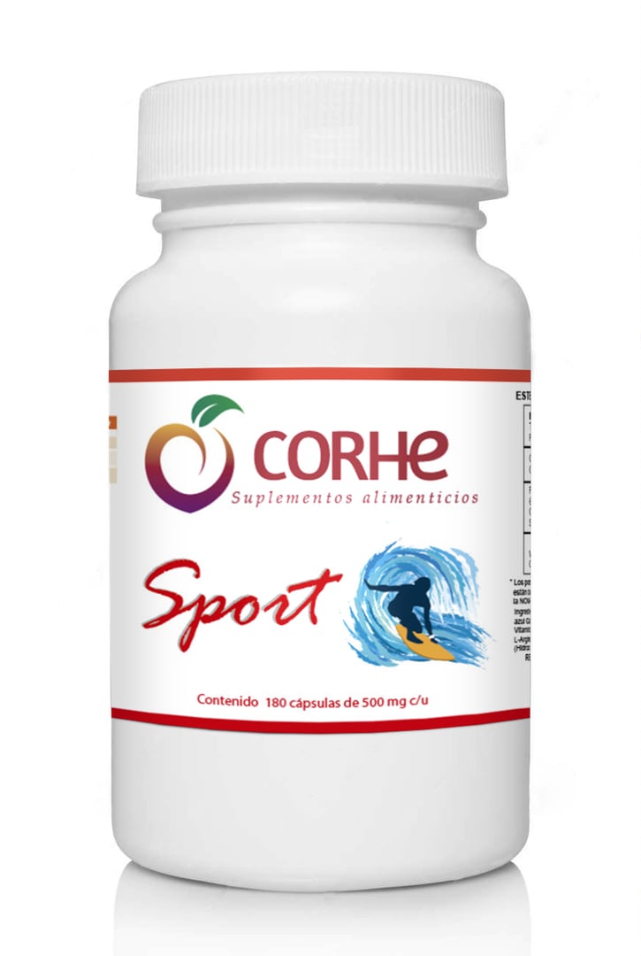White bottle of Corhe Sport dietary supplements, labeled in Spanish, with an image of a surfer on the label.