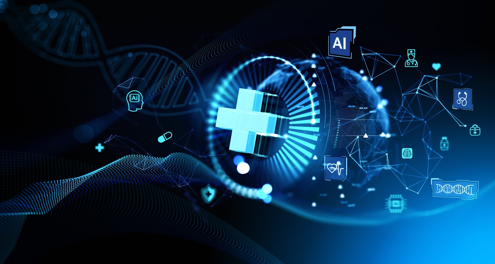 Cross and glowing medical icons hologram, treatment and life insurance. AI doctor appointment or consulting. Concept of artificial intelligence or robots in health care. 3D rendering illustration