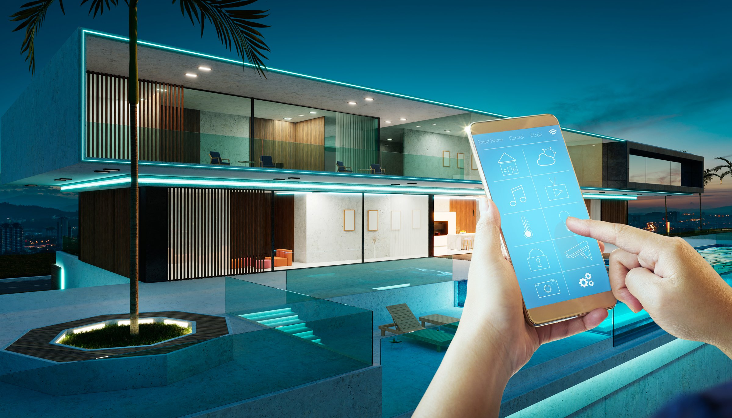 Mobile phone control with smart home app in luxury house